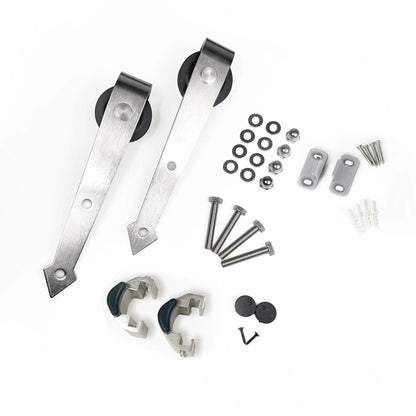 Brushed nickel arrow barn door roller set. Includes two rollers, bolts, nuts, washers, wrenches, and more. Easy to install. 