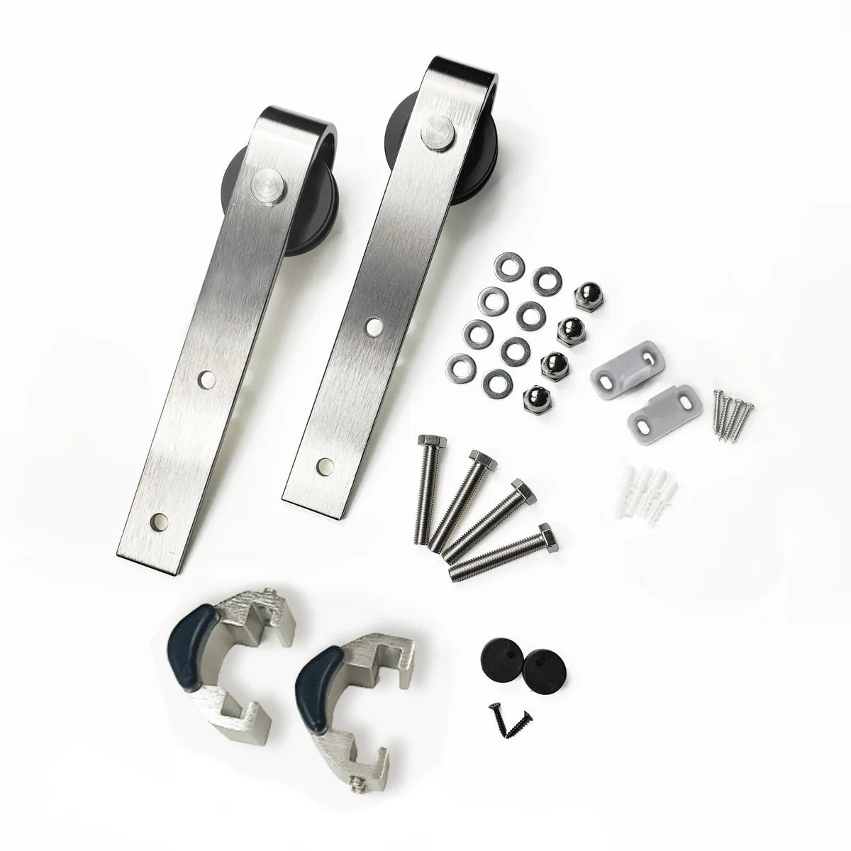 Brushed nickel classic barn door roller set. Includes two rollers, bolts, nuts, washers, wrenches, and more. Easy to install. 