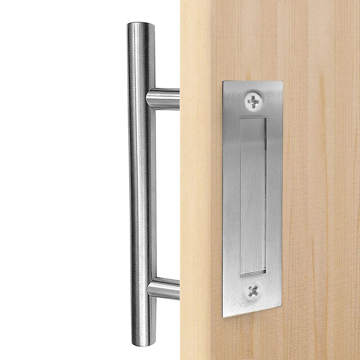 Brushed Nickel Barn Door Handle and Flush Pull