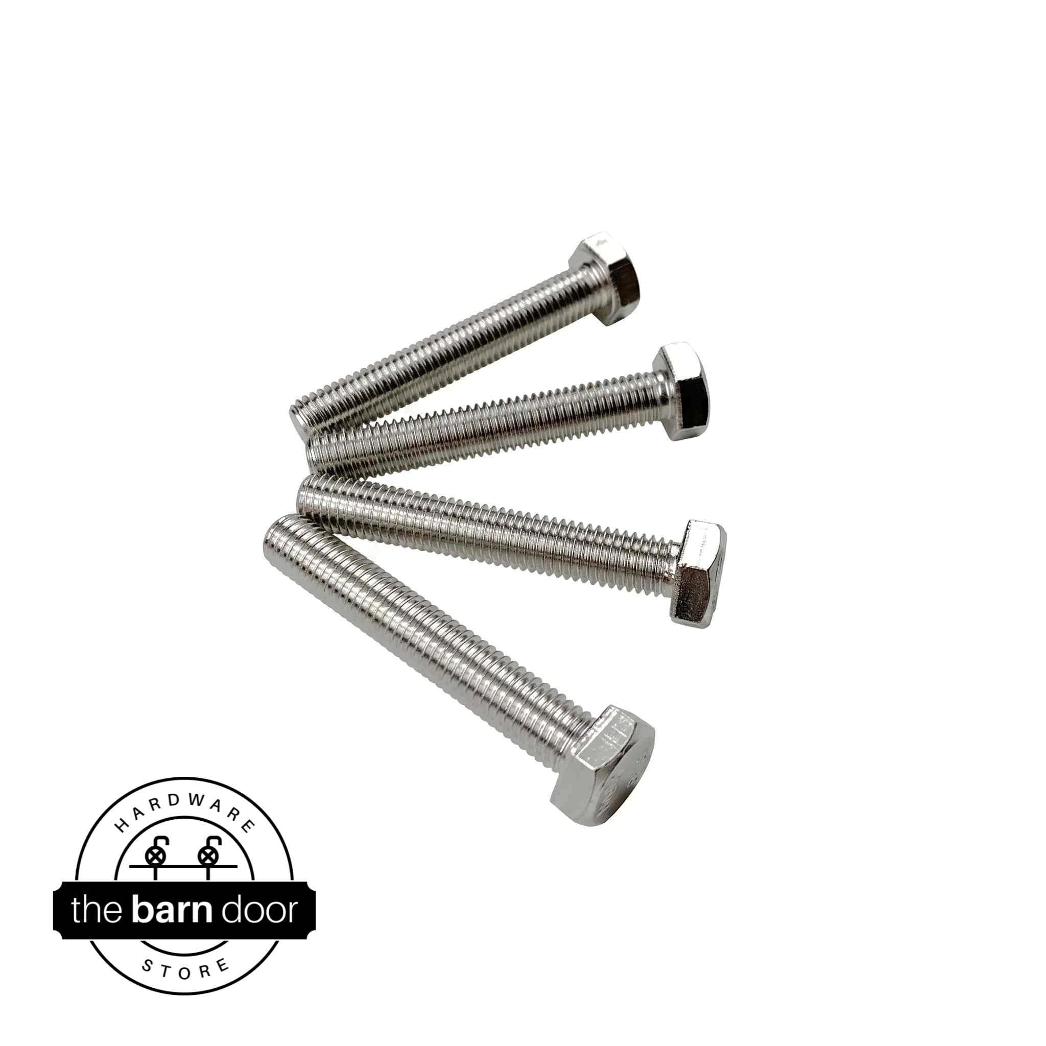 Brushed nickel hex bolts for barn door hardware.