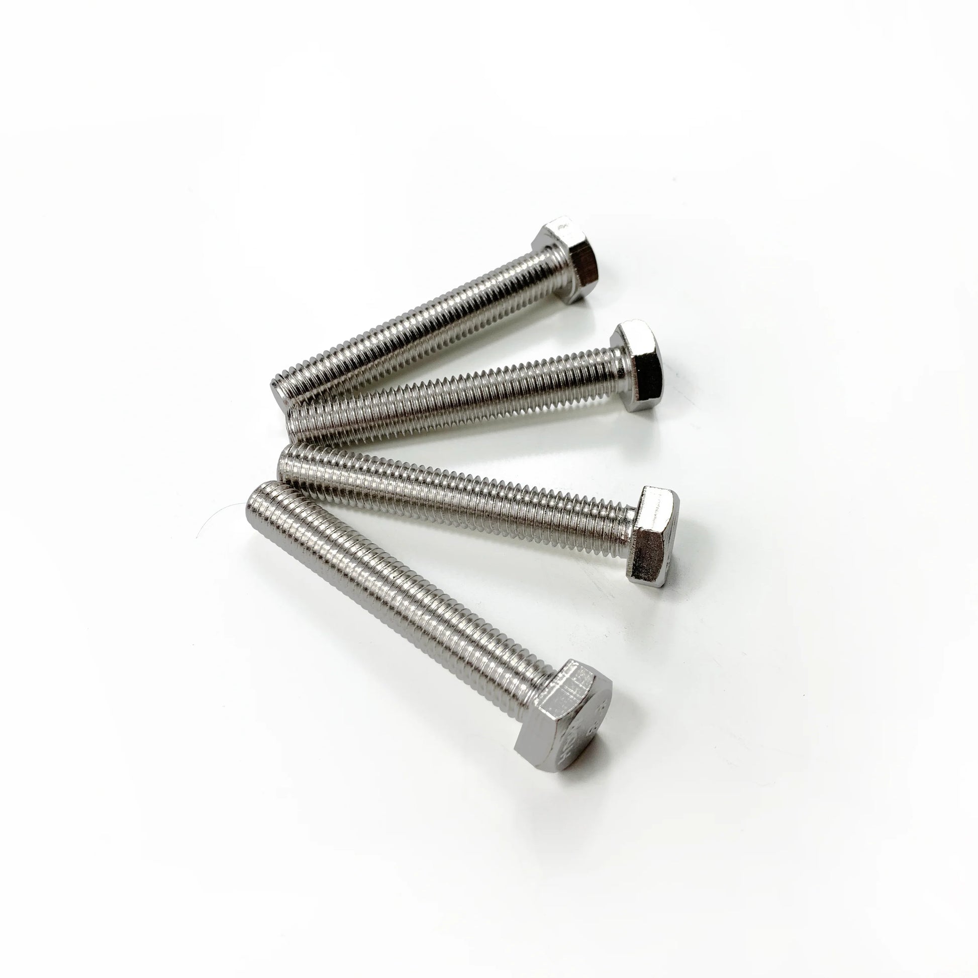 Brushed nickel hex bolts for barn door hardware.