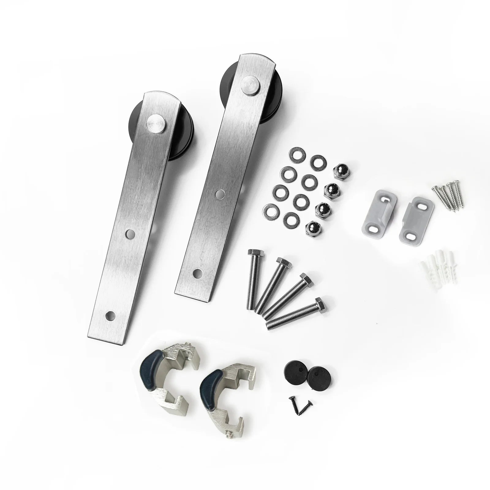 Brushed nickel straight barn door roller set. Includes two rollers, bolts, nuts, washers, wrenches, and more. Easy to install. 