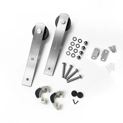 Brushed nickel straight barn door roller set. Includes two rollers, bolts, nuts, washers, wrenches, and more. Easy to install. 