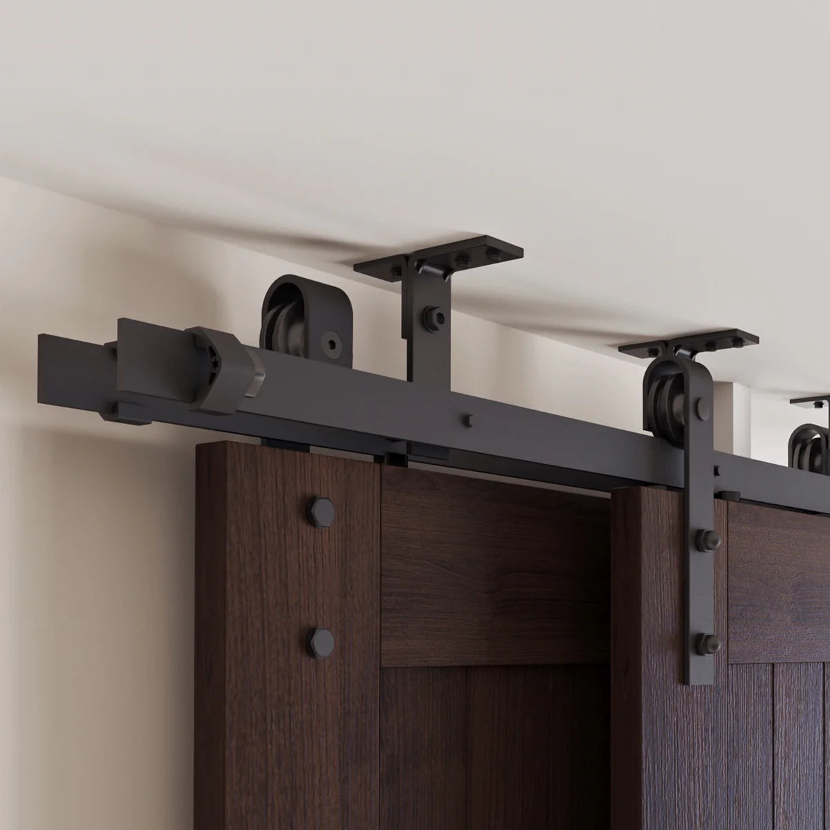 Double Track Bypass Ceiling Mounted Barn Door Hardware Kit | Classic Roller Design | Black