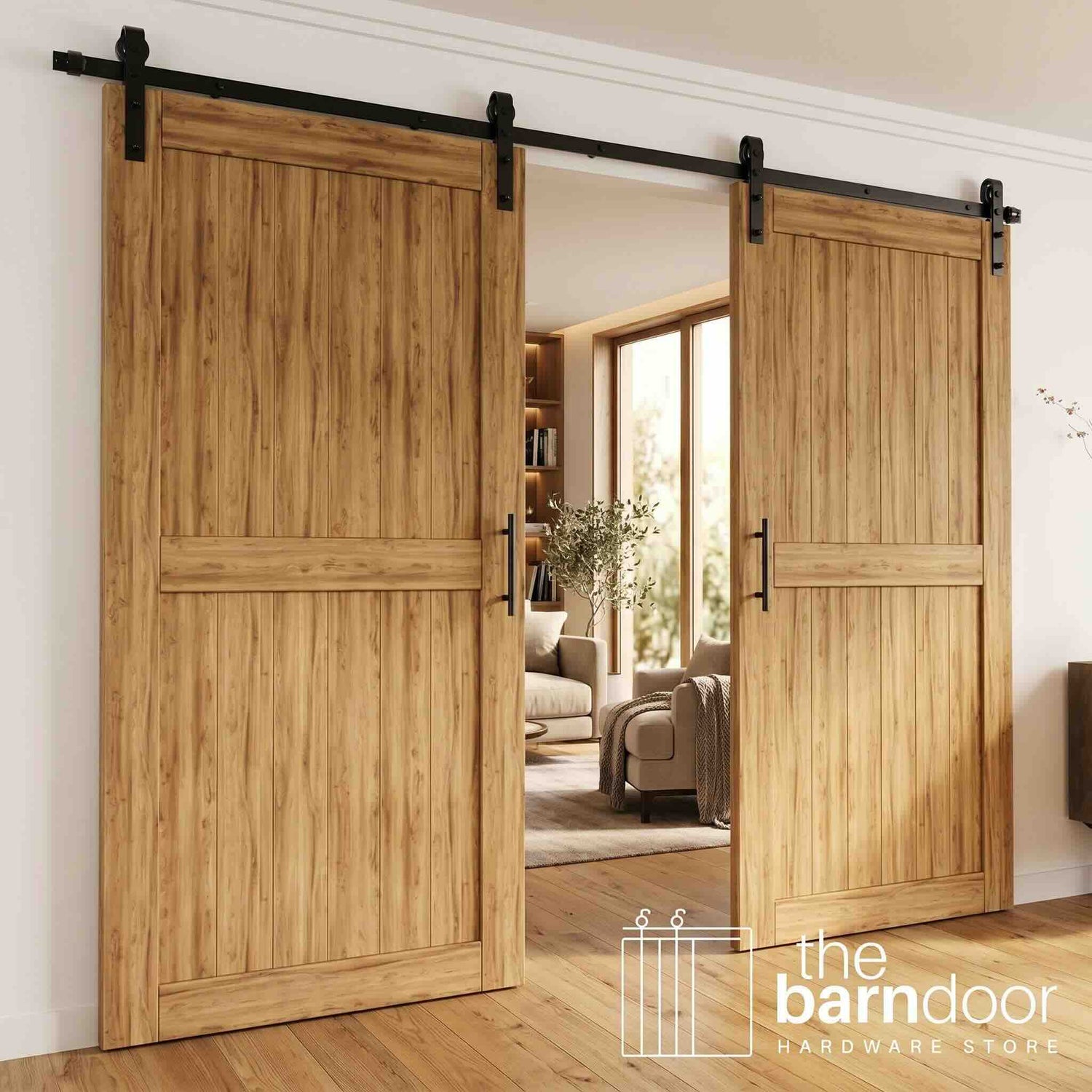 Two beautiful wood doors installed as a bi-parting double door system, using the classic J-strap sliding barn door hardware kit.