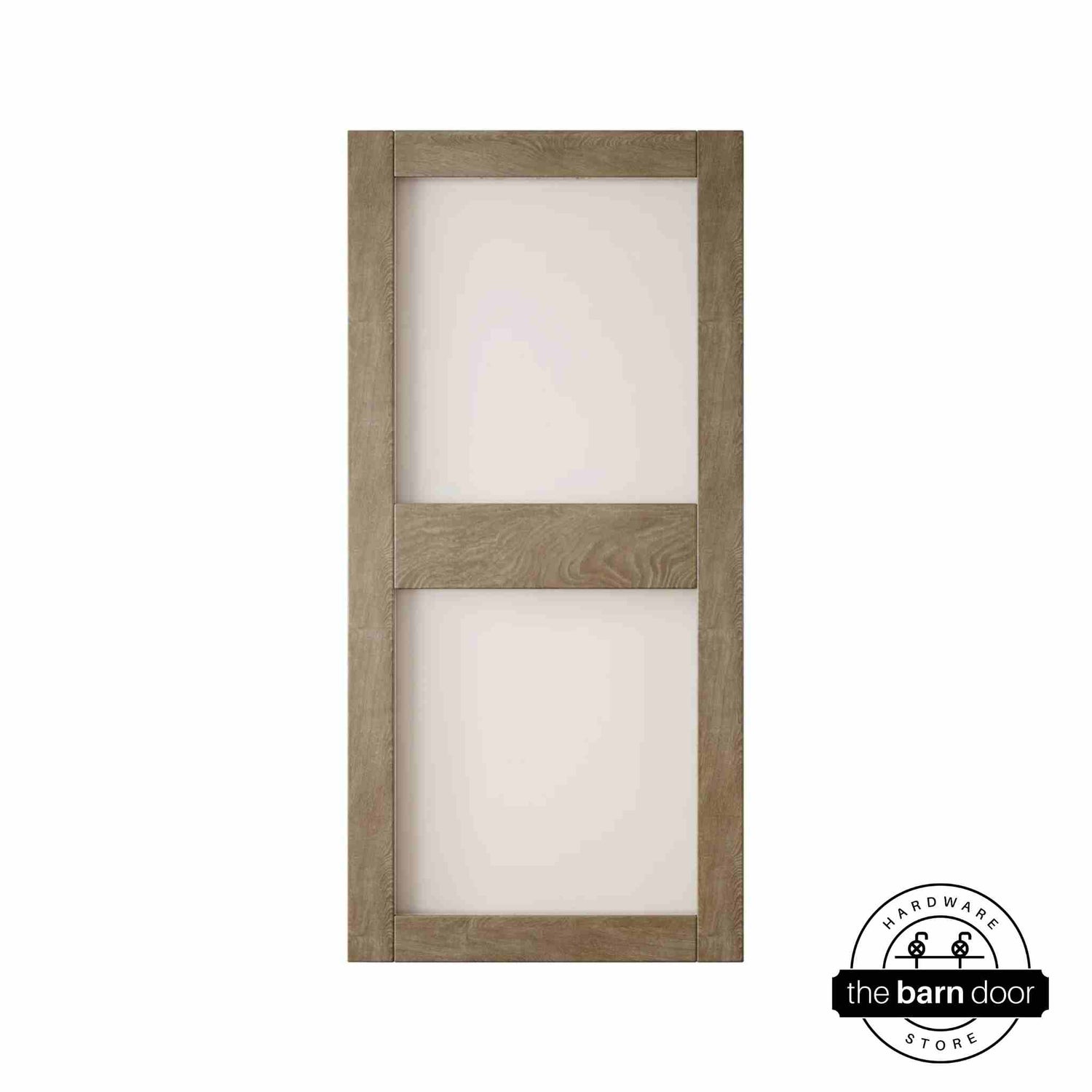 Wooden barn door with glass panel on a white background