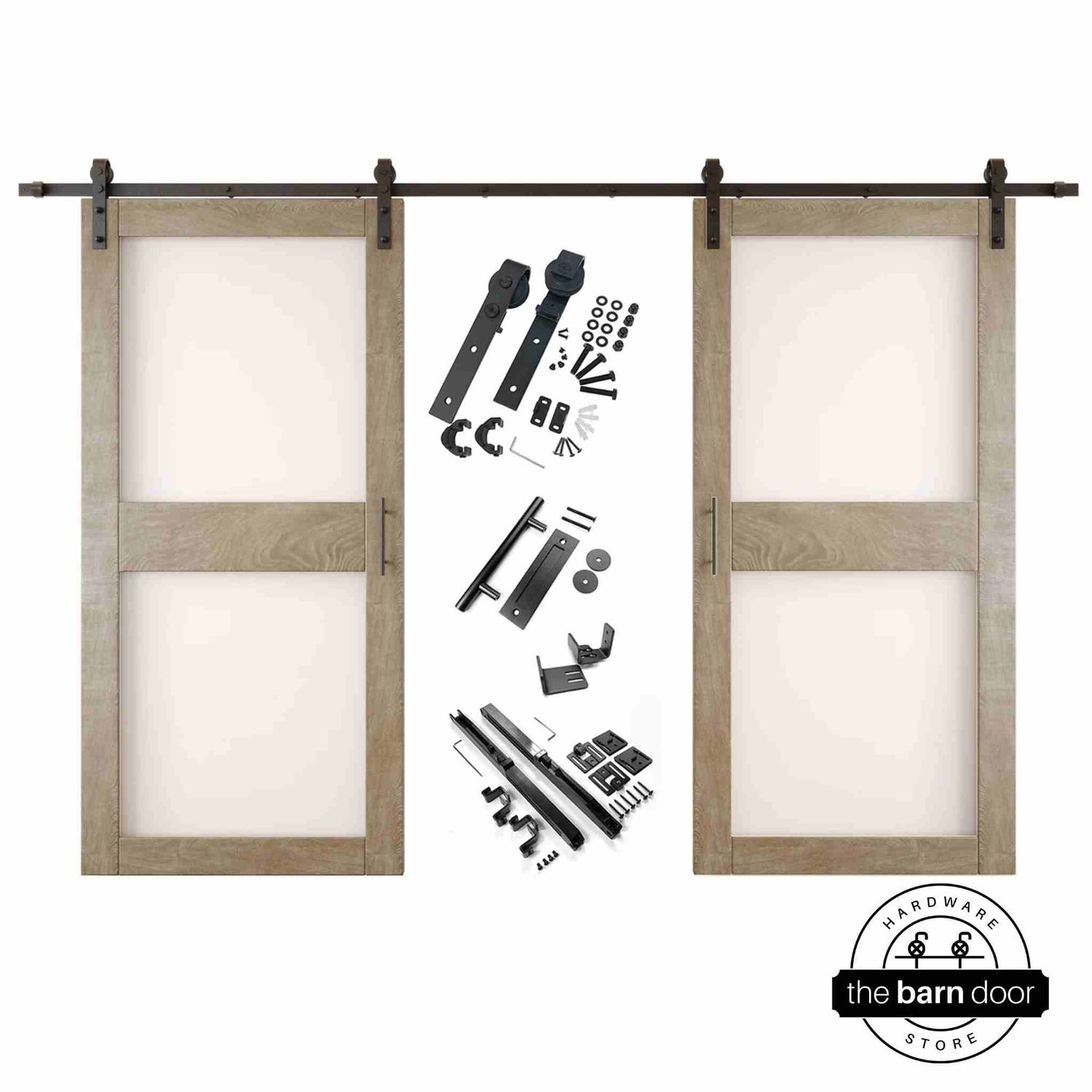 Classic gray barn door hardware set with two wooden sliding glass panel doors on a white background