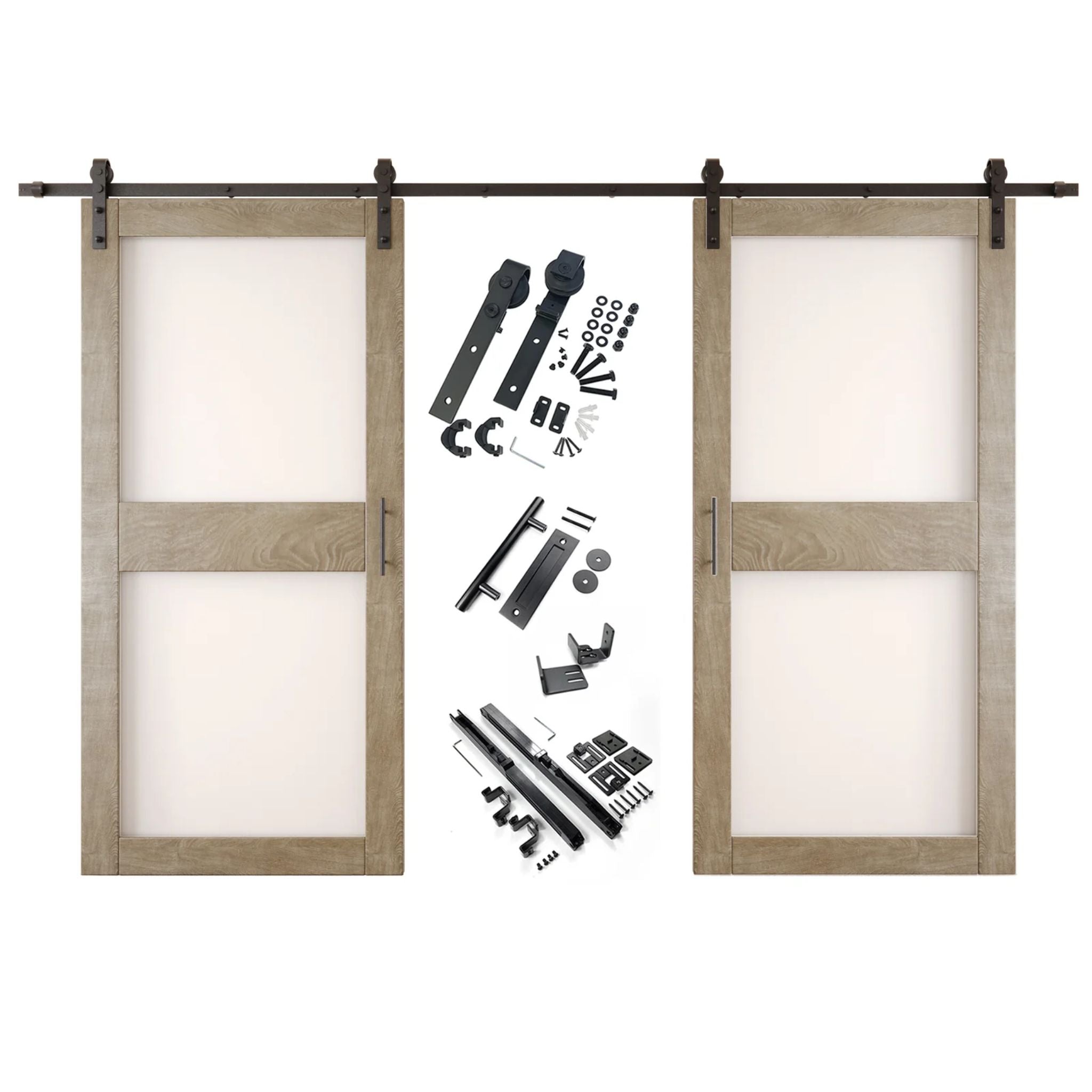 Classic gray barn door hardware set with two wooden sliding glass panel doors on a white background