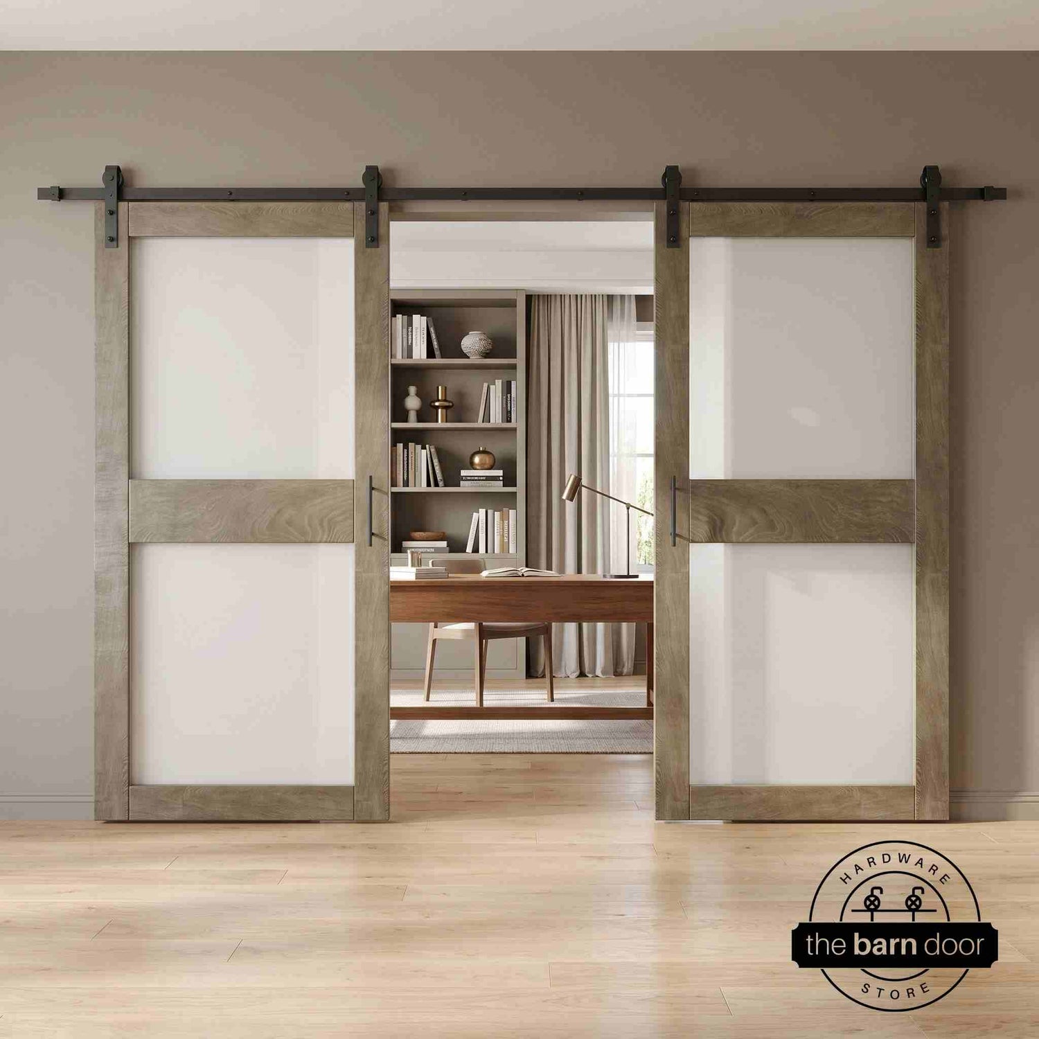 Classic gray wooden sliding glass panel barn doors with black hardware in a modern interior setting.