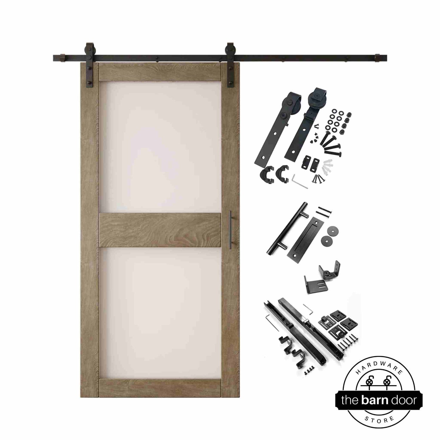 Classic Gray 2-panel barn door kit with wooden door and hardware components on a white background