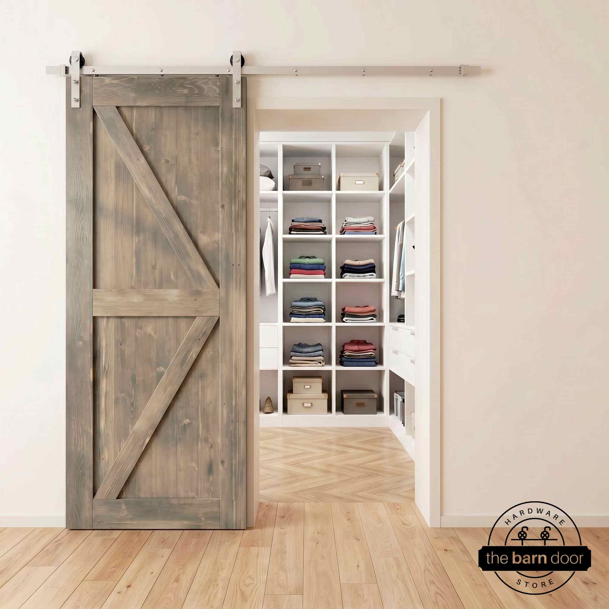 Brushed nickel barn door hardware kit on a classic gray K-brace barn door, modern farmhouse style.