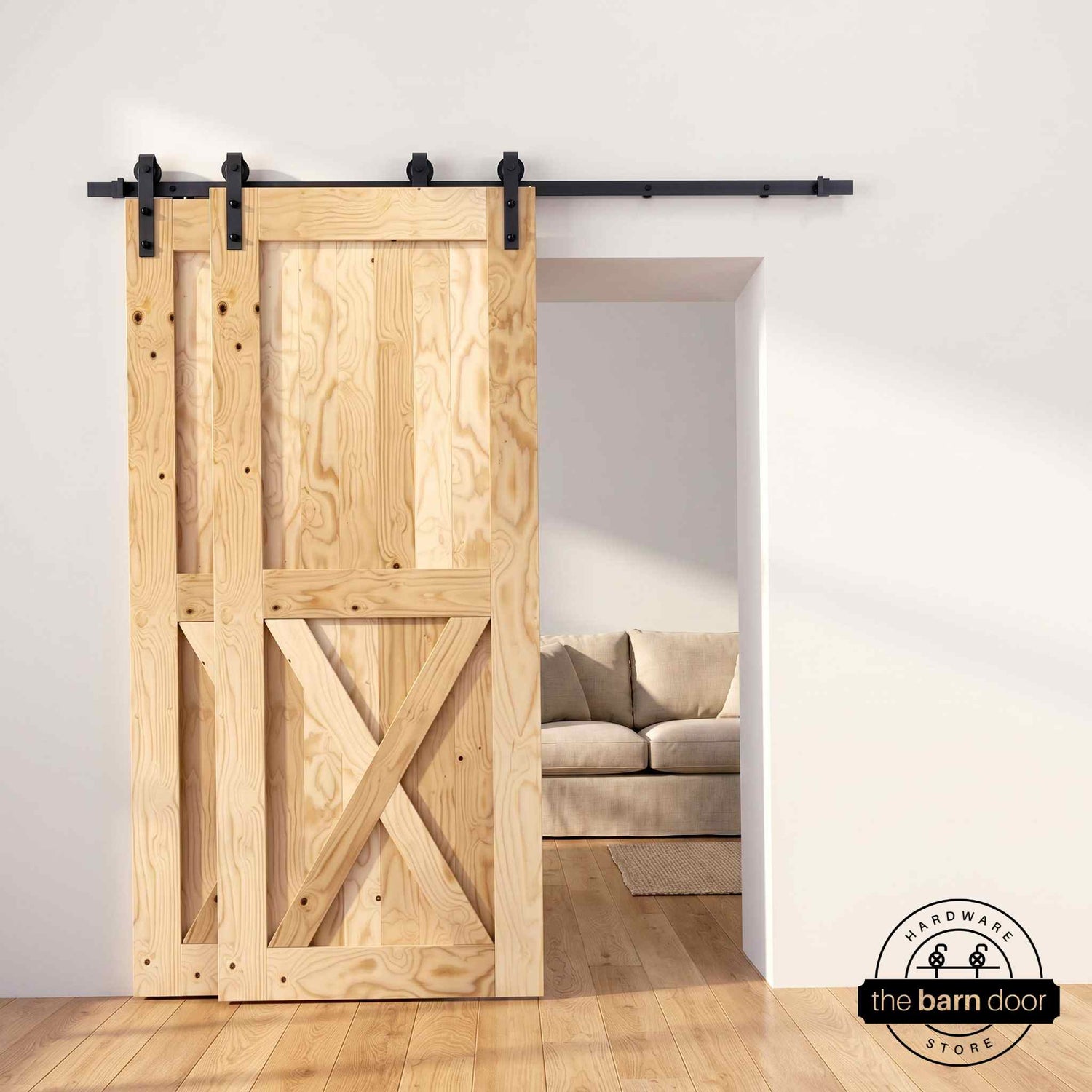 Half-X unfinished barn door with matte black single bypass sliding hardware