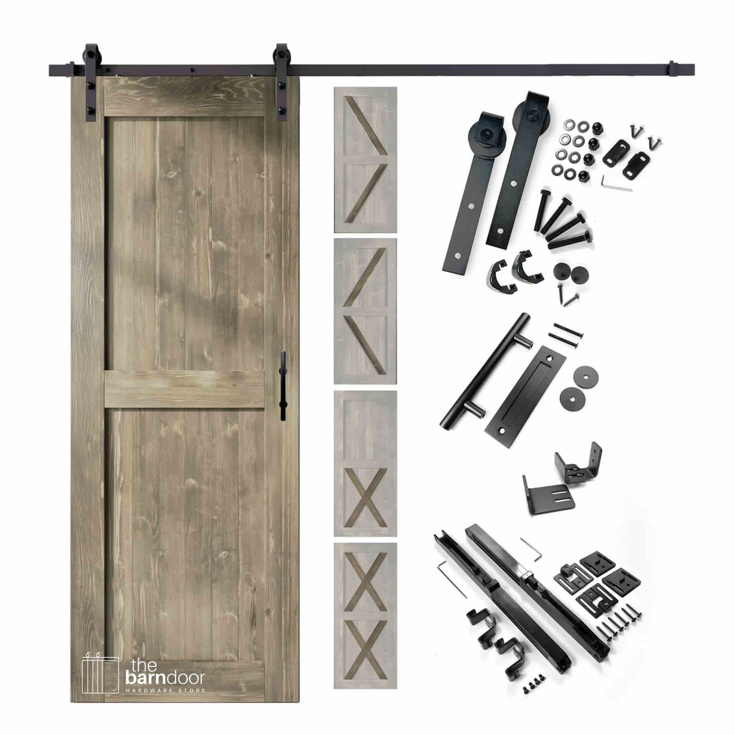 Classic single track barn door kit contents showing a classic gray pine K-brace barn door with black steel sliding hardware, including rollers, track, wall brackets, door pull handle, floor guide, and anti-jump hardware, with door style variation thumbnails displayed alongside.