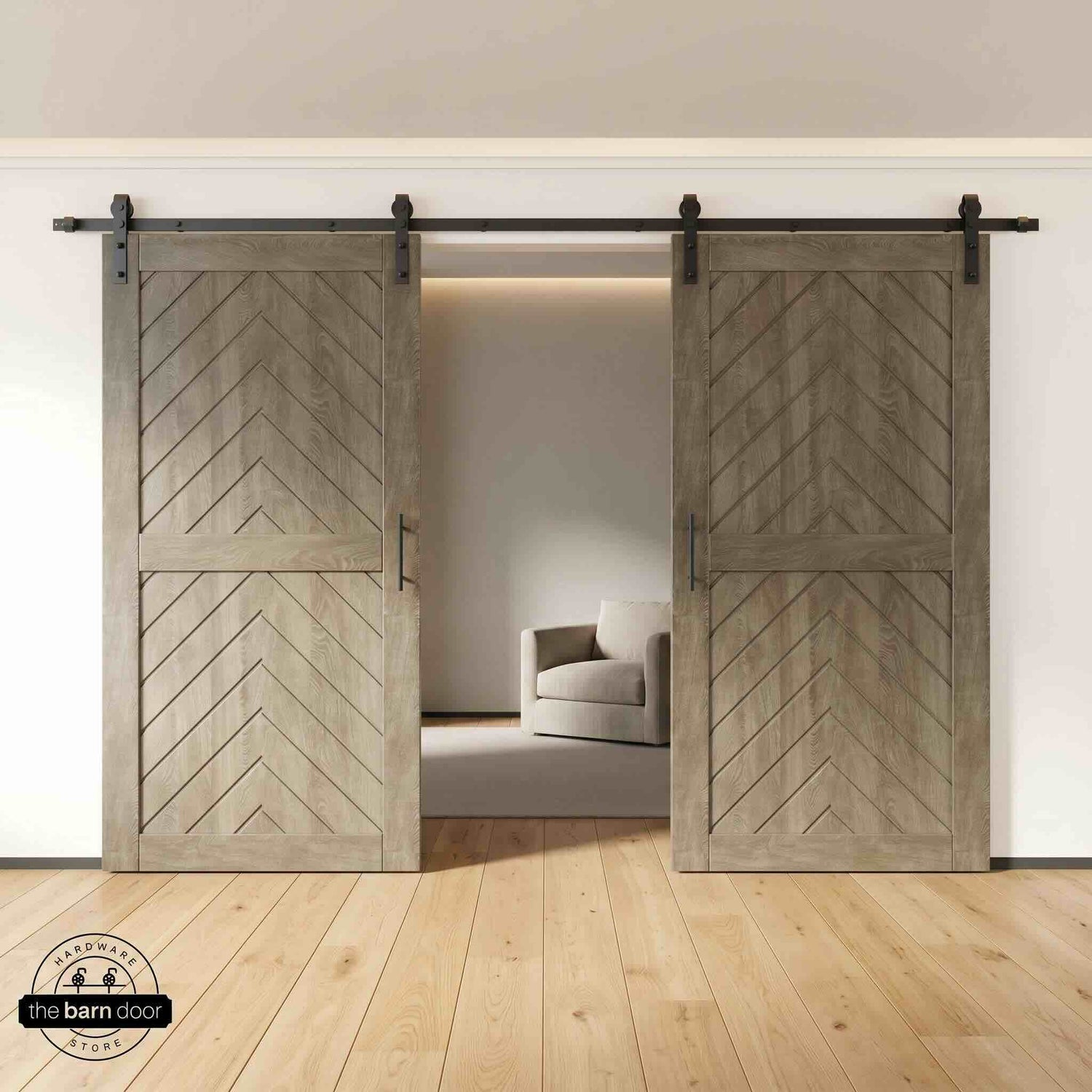 Classic Gray wooden barn doors with a chevron pattern on a white wall background