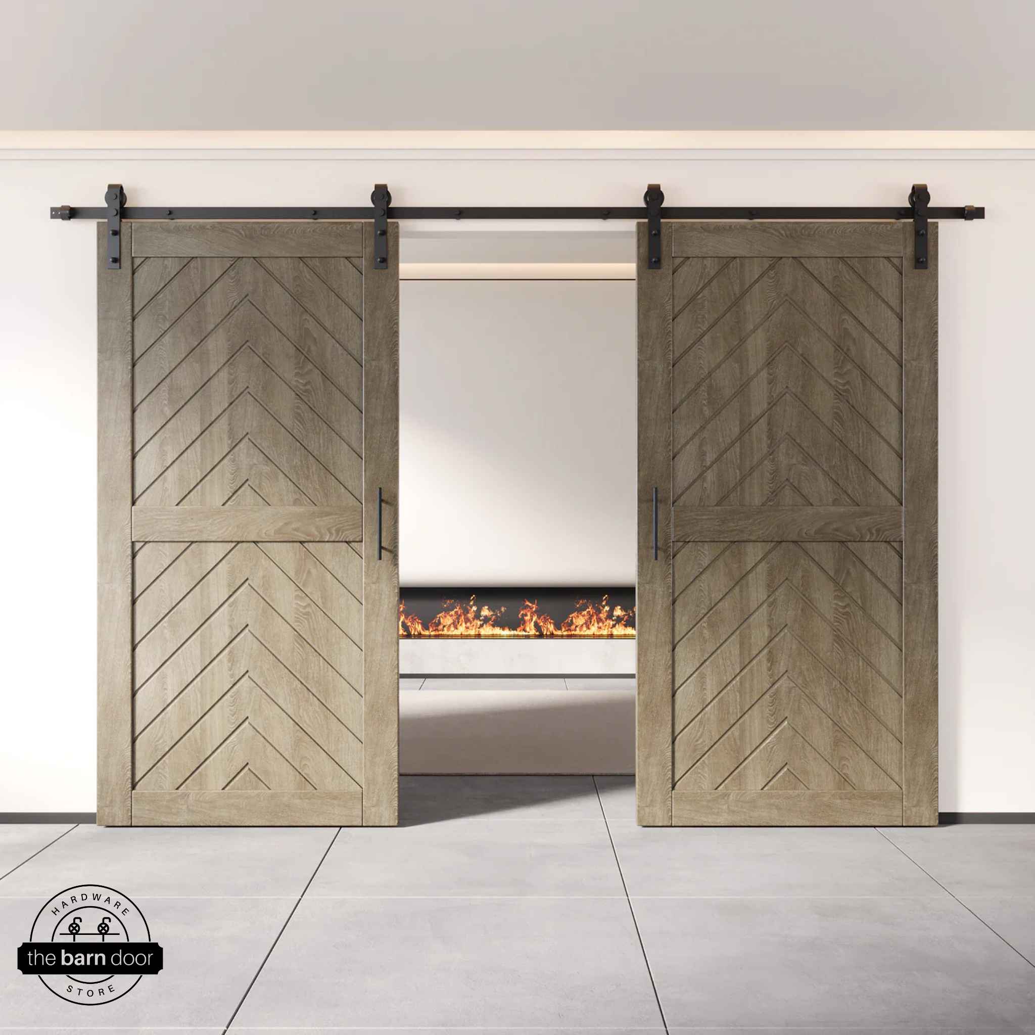Classic Gray wooden barn doors with a chevron pattern on a white wall background