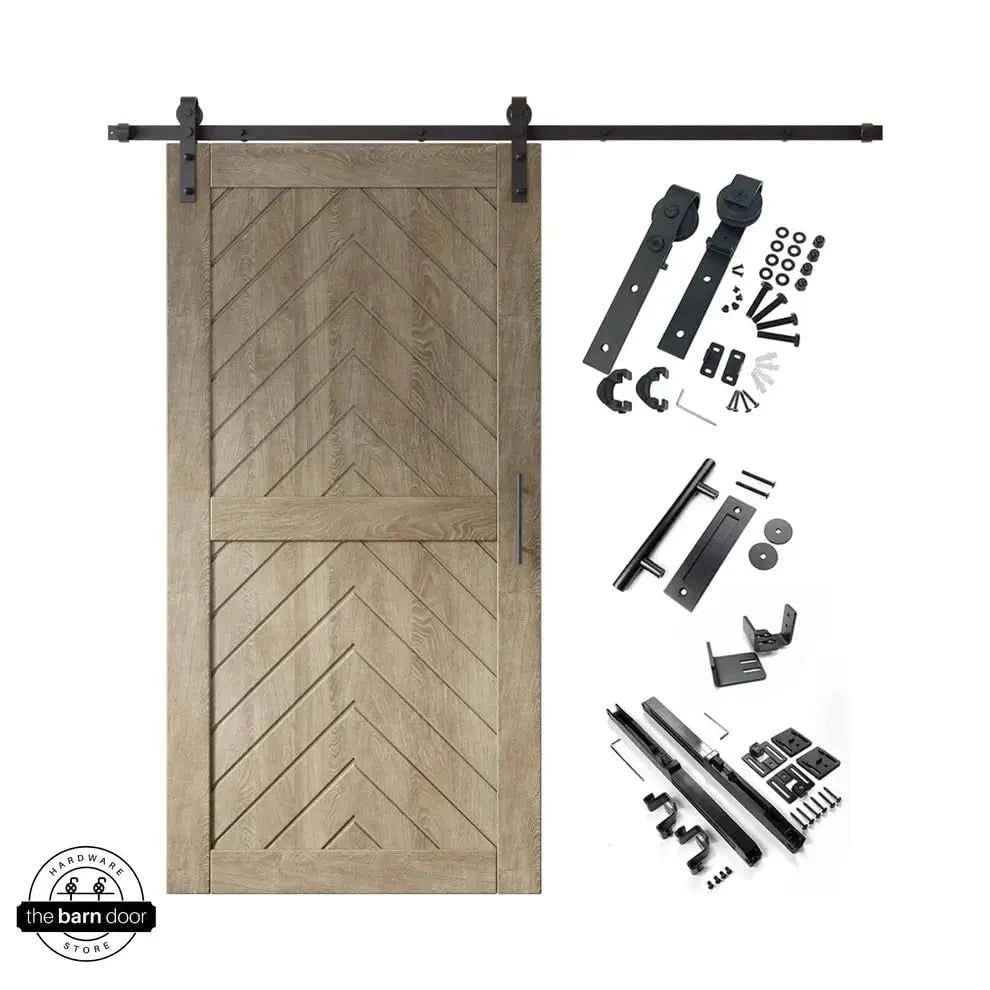 Classic Gray fishbone barn door with hardware kit on a white background