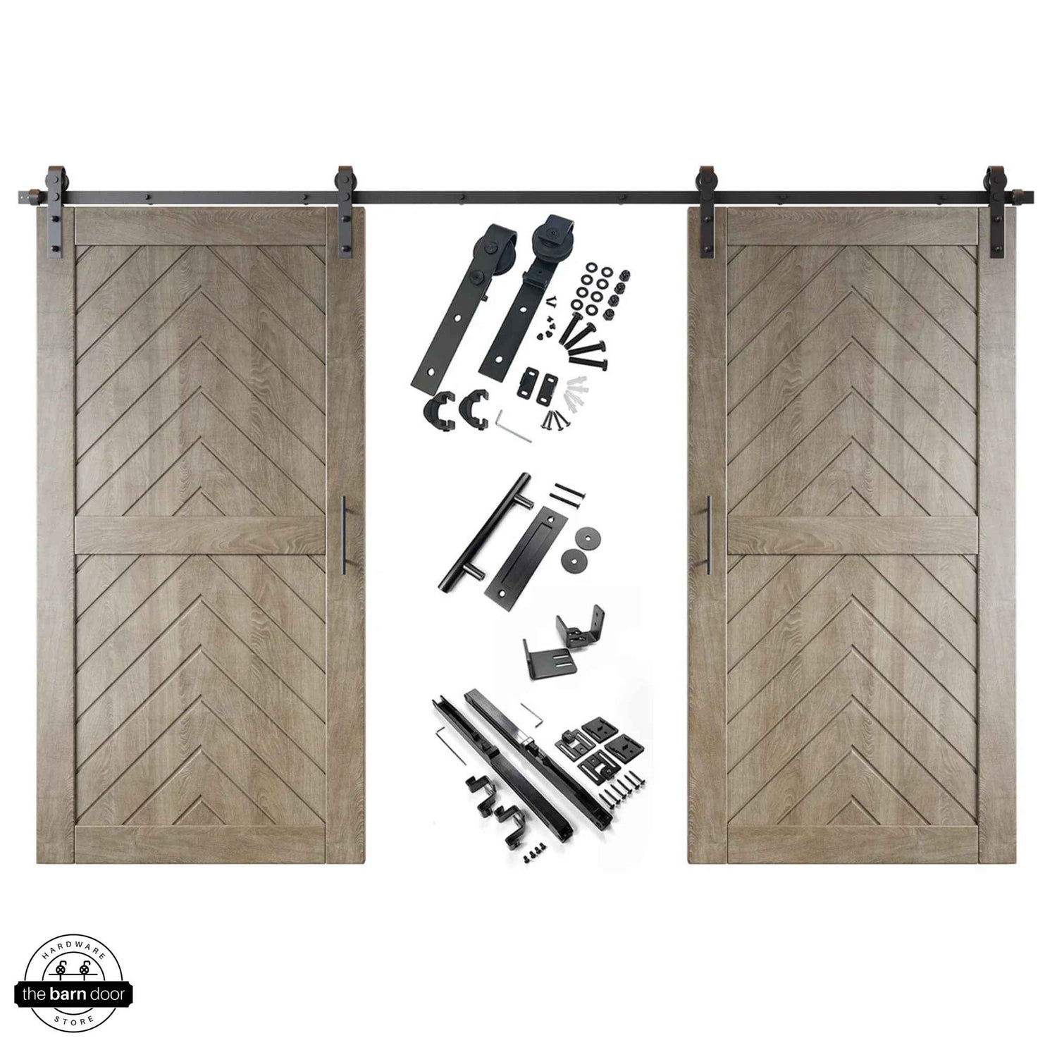Classic Gray fishbone barn door kit with two wooden doors and hardware on a white background