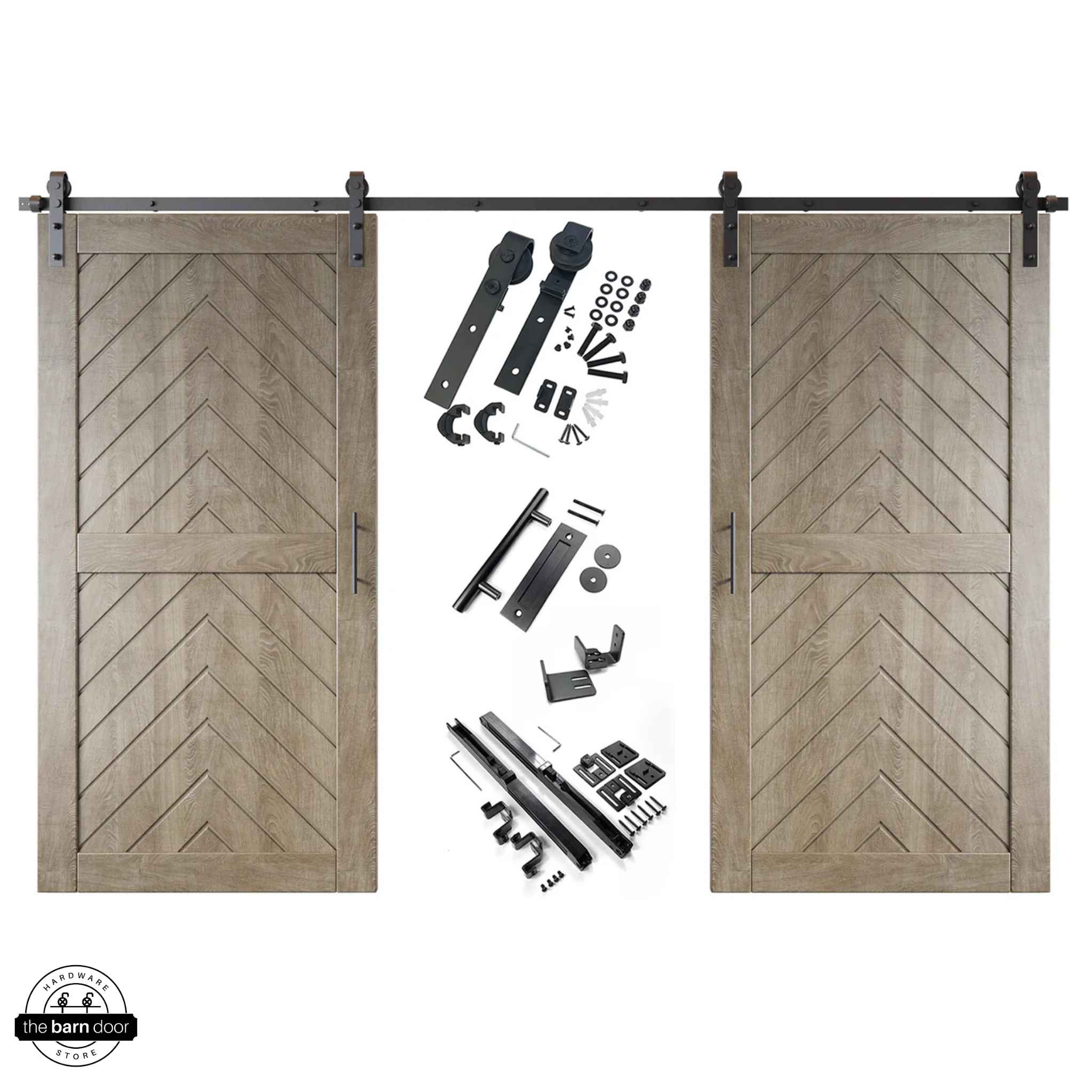 Classic Gray fishbone barn door kit with two wooden doors and hardware on a white background