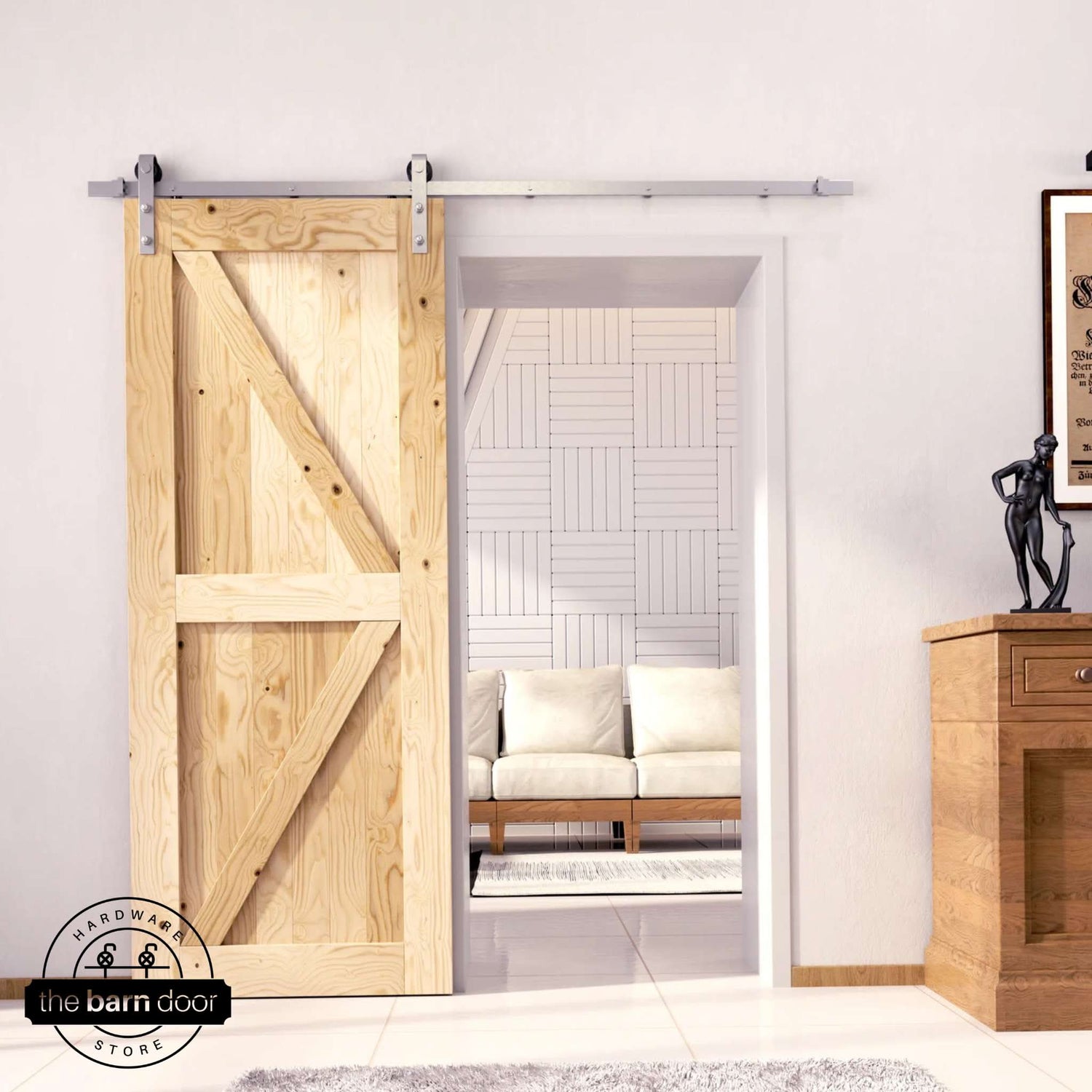 Unfinished brushed nickel barn door hardware kit on a K-brace barn door, modern farmhouse style.