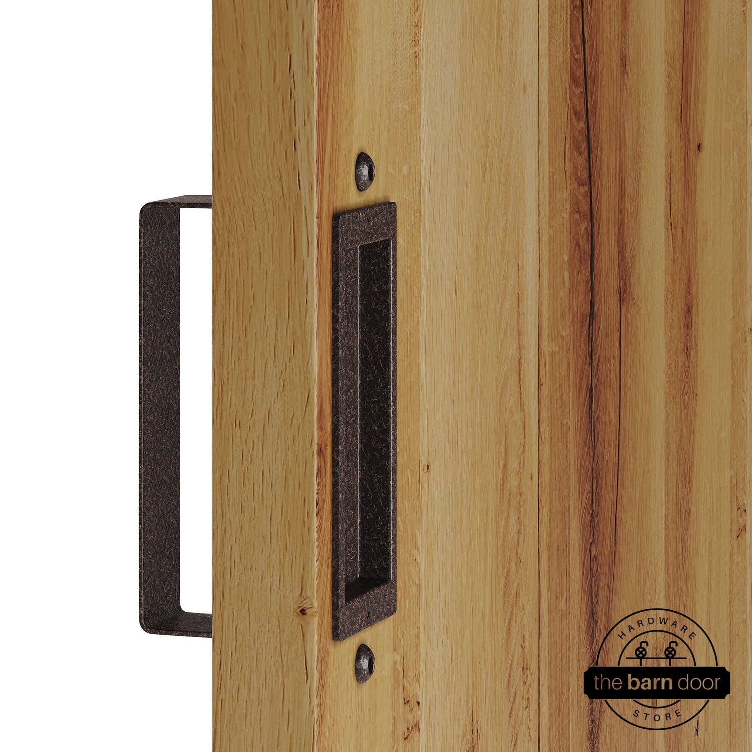 Copper vein barn door pull handle set installed on a natural wood sliding door, featuring a rectangular U-shaped pull handle on the front face and a flush recessed pull plate on the reverse side, shown in a copper vein finish.