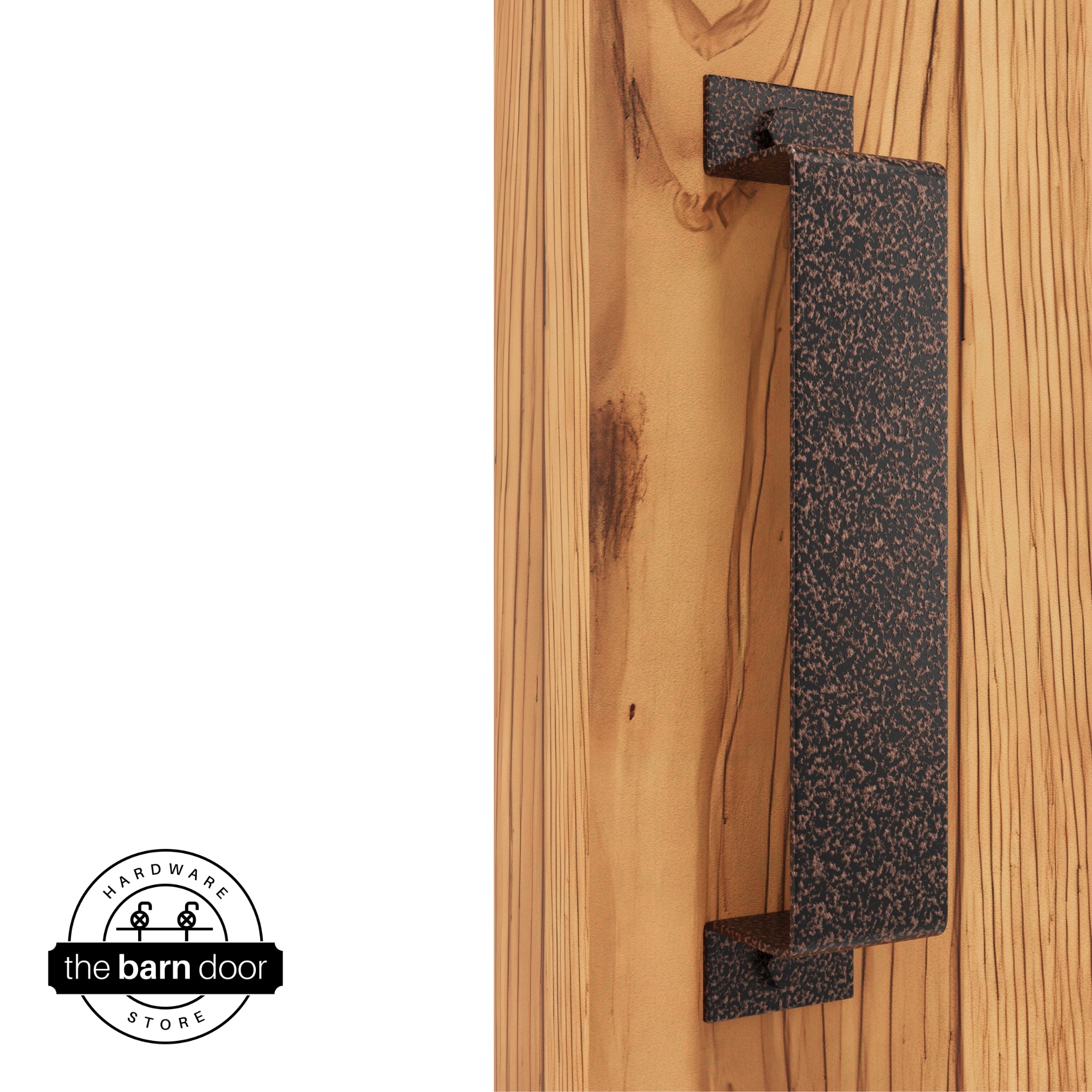 A copper vein, arch-shaped barn door handle is mounted on a light-colored wooden door with a vertical grain pattern.