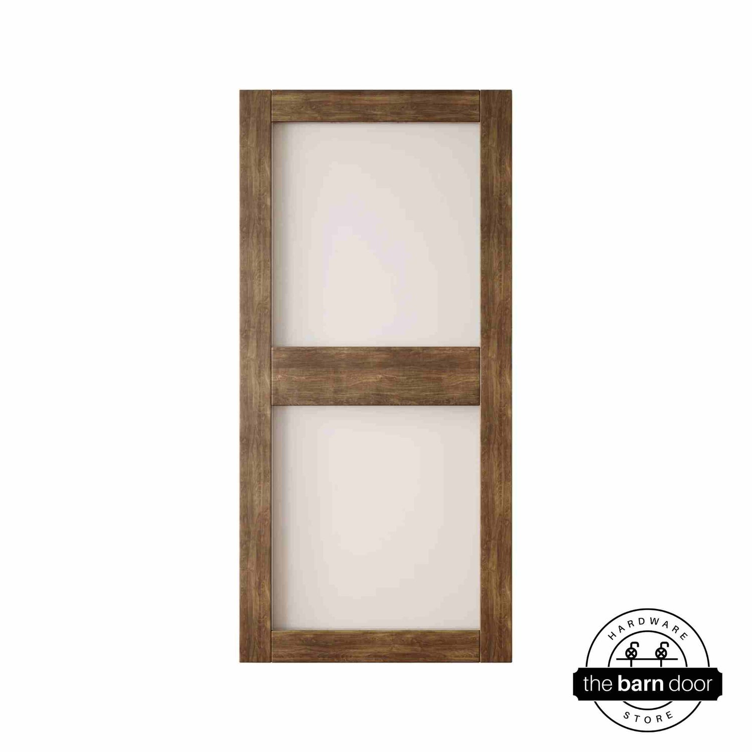 Wooden barn door with glass panels on a white background