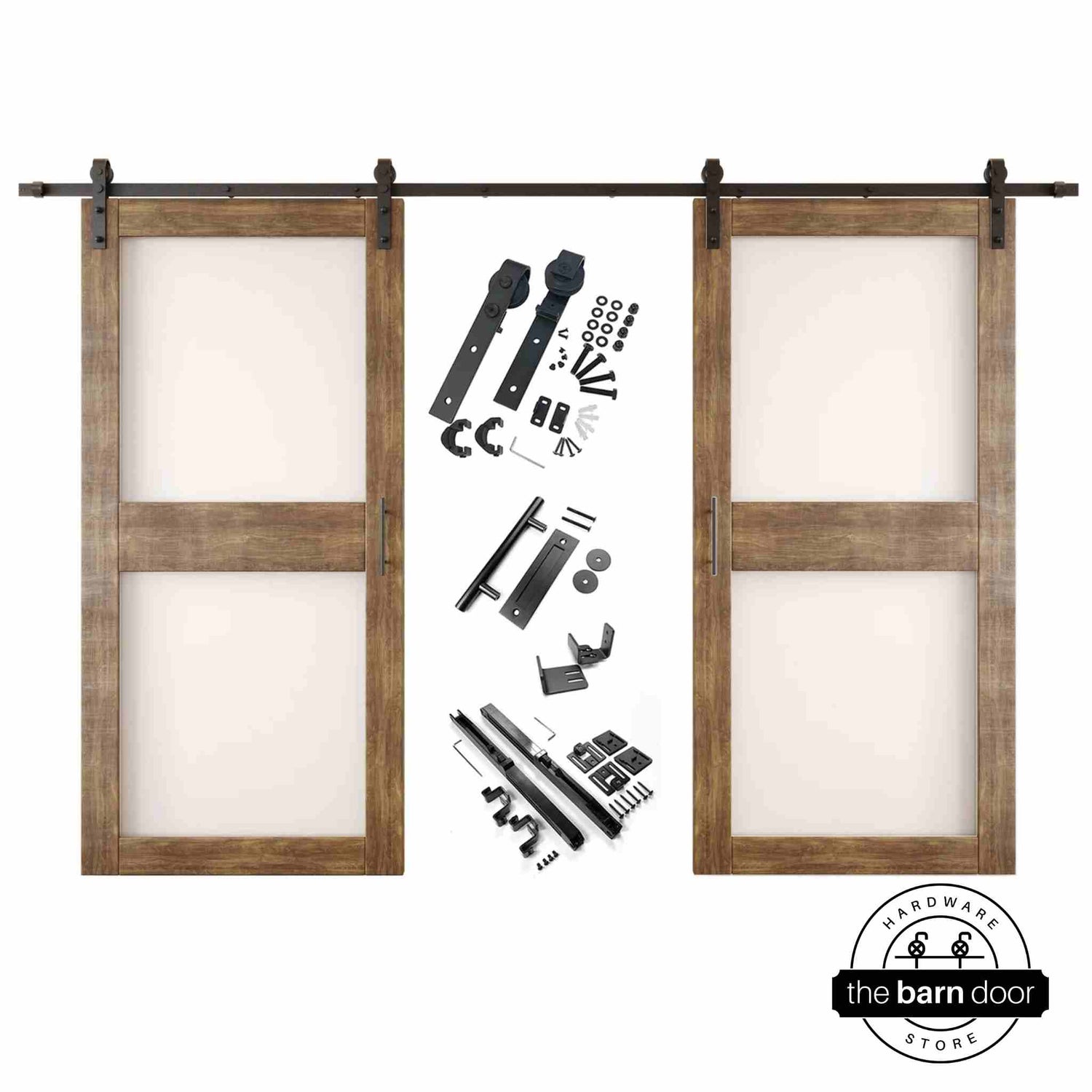 Dark walnut barn door hardware set with two wooden sliding glass panel doors on a white background