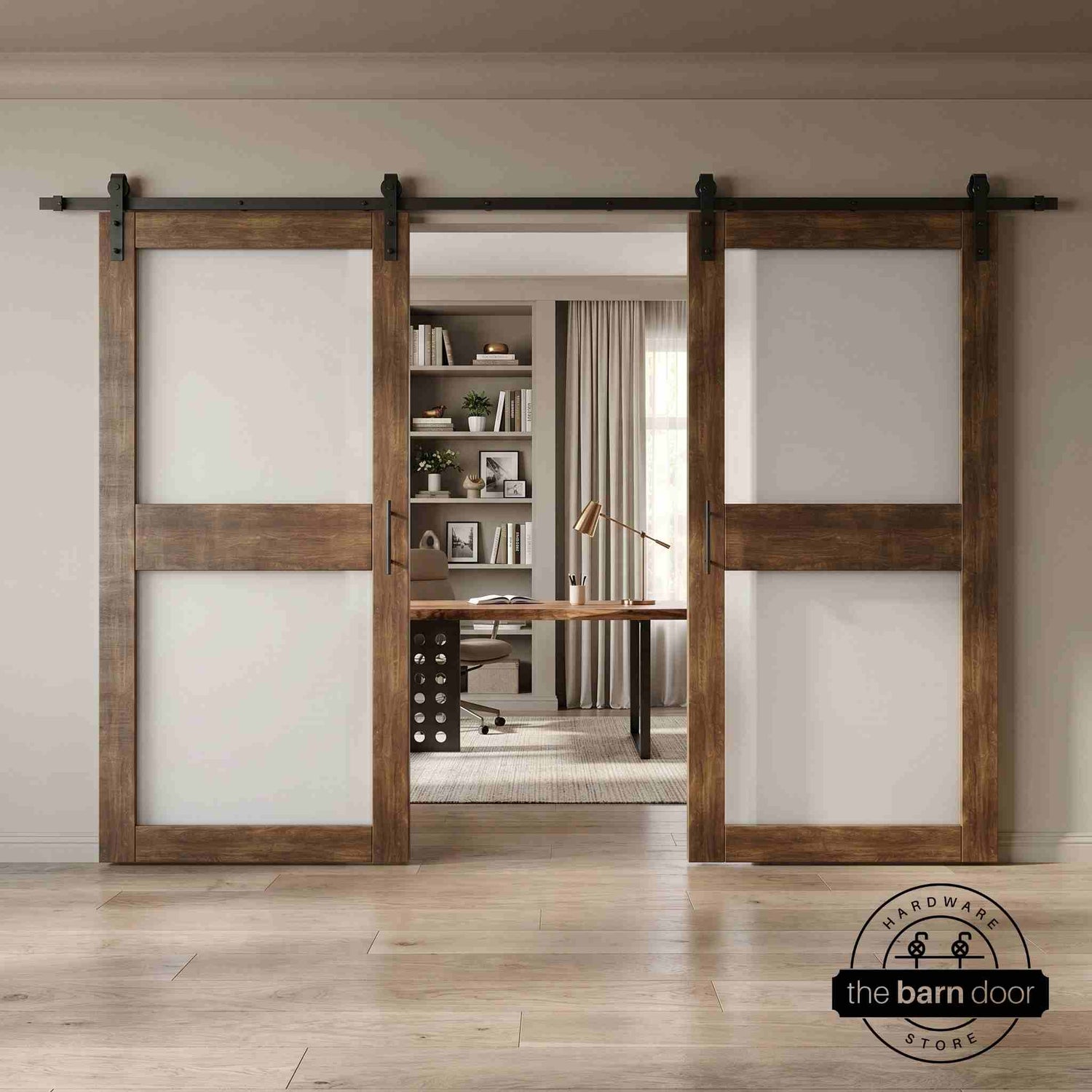 Dark walnut wooden sliding glass panel barn doors with black hardware in a modern interior setting.