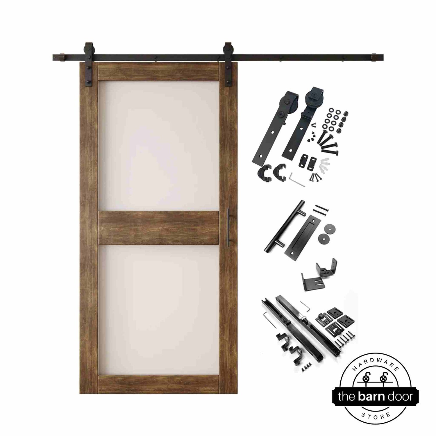 Dark Walnut 2-panel barn door kit with wooden door and hardware components on a white background