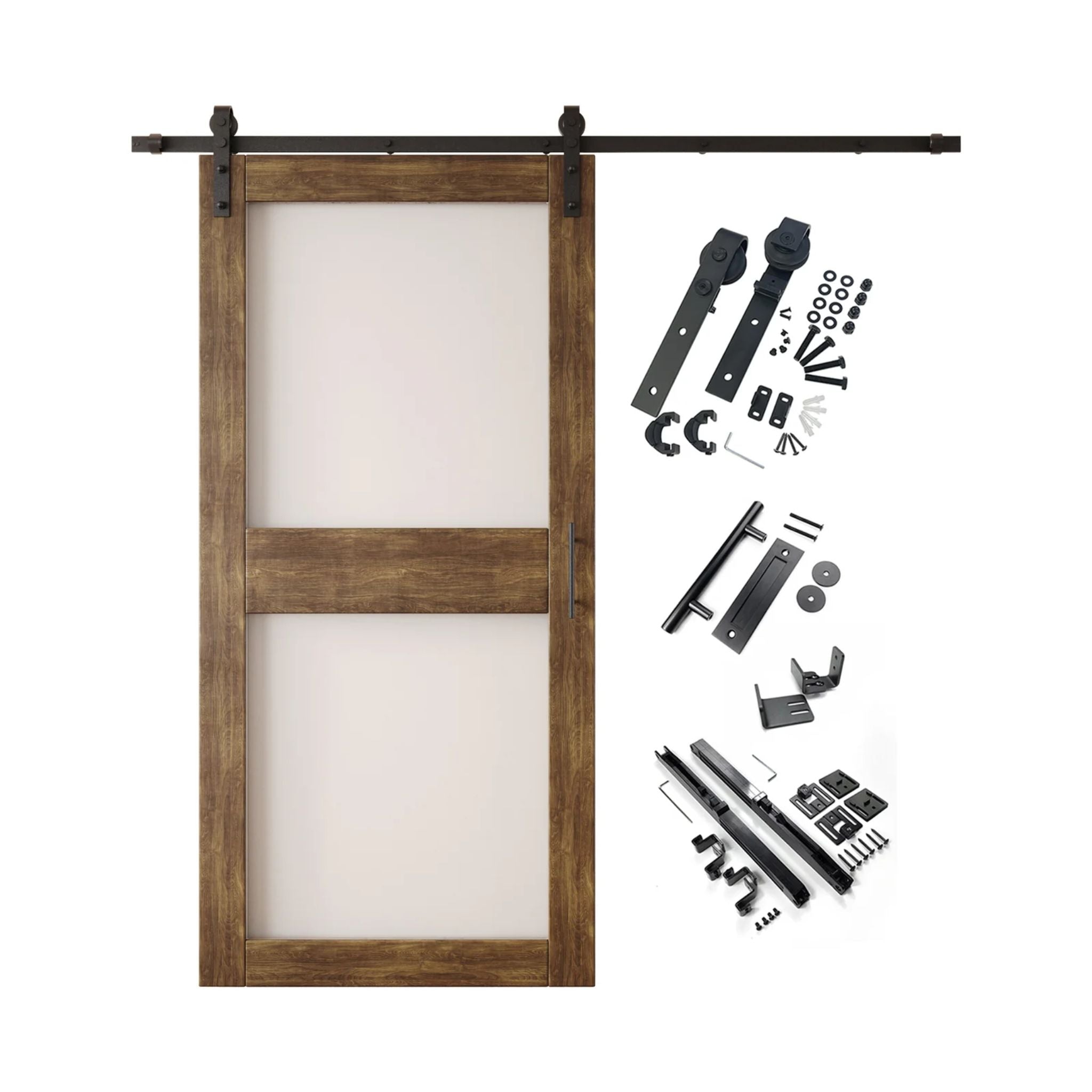 Dark Walnut 2-panel barn door kit with wooden door and hardware components on a white background