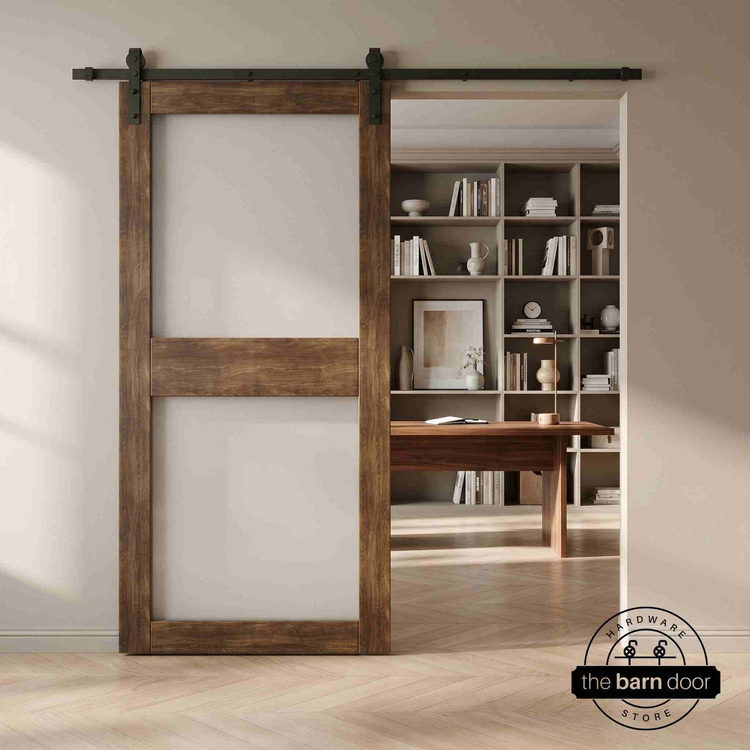 Wooden sliding barn door with glass in a modern interior setting