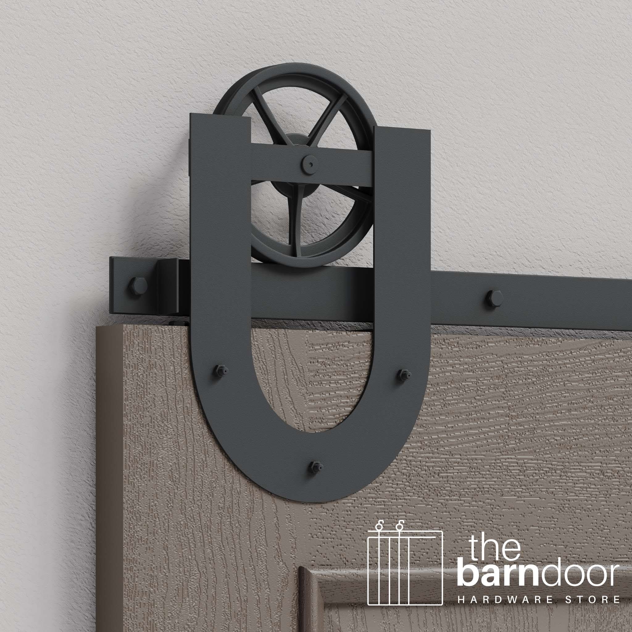 Dark Gray Horseshoe Wagon Wheel Heavy Duty Single Track Barn Door Hardware