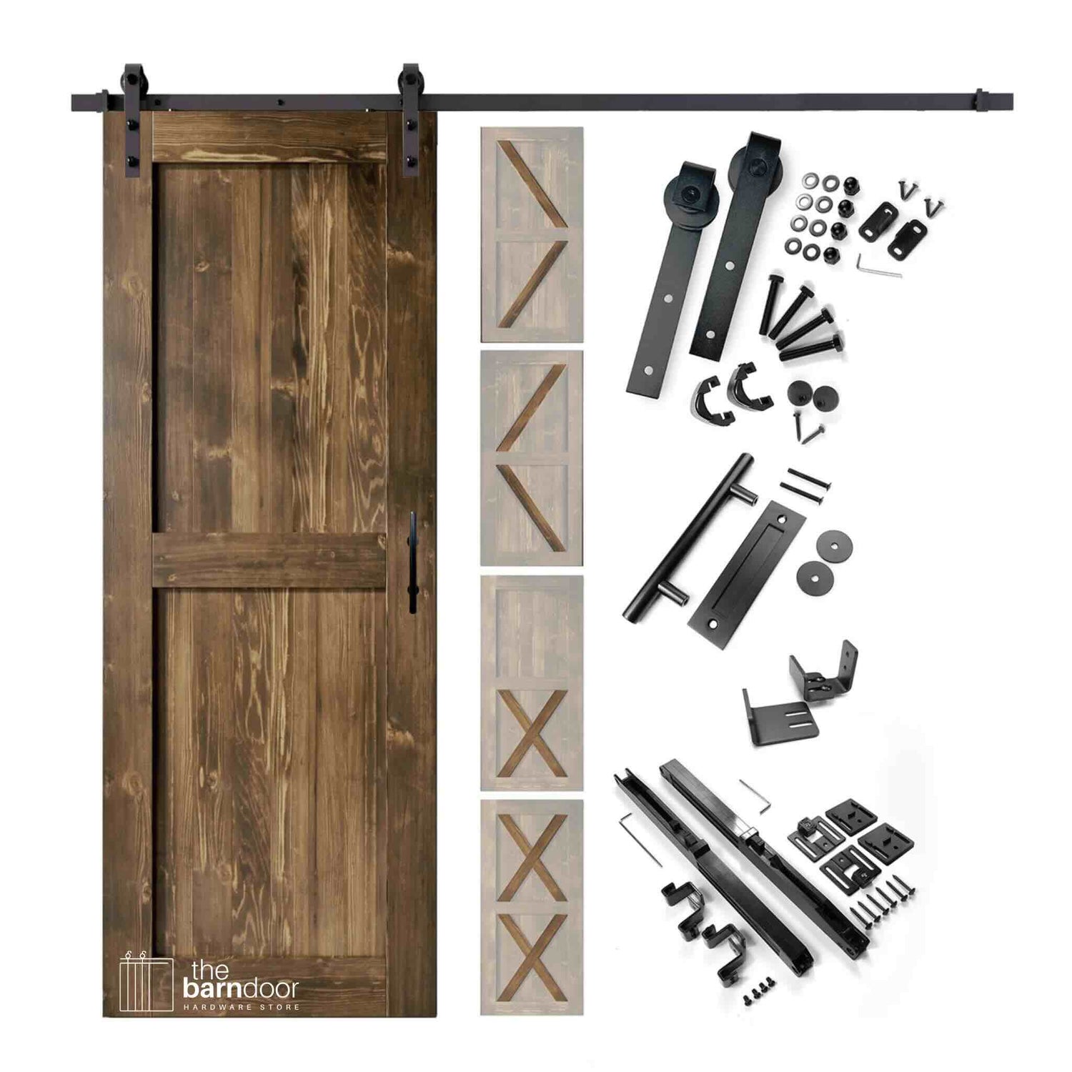 Classic single track barn door kit contents showing a dark walnut pine K-brace barn door with black steel sliding hardware, including rollers, track, wall brackets, door pull handle, floor guide, and anti-jump hardware, with door style variation thumbnails displayed alongside.