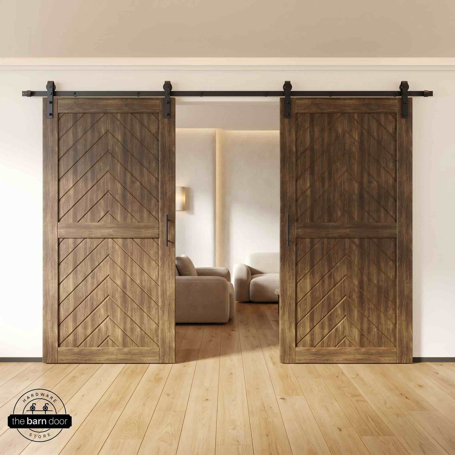 Dark Walnut wooden barn doors with a chevron pattern on a white wall background