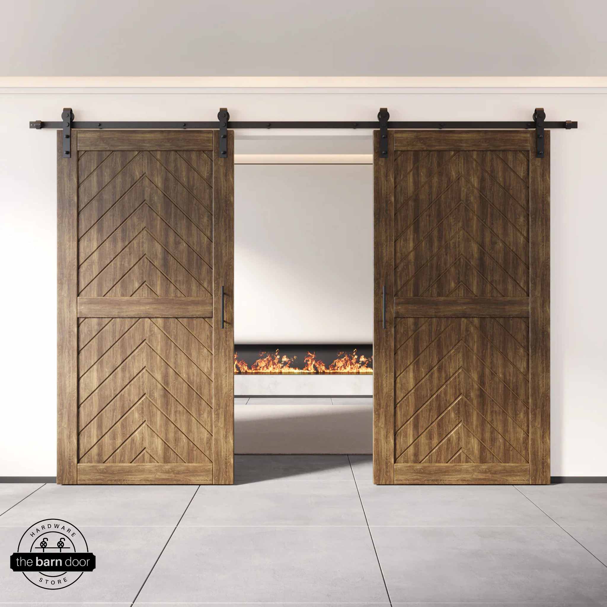 Dark Walnut wooden barn doors with a chevron pattern on a white wall background