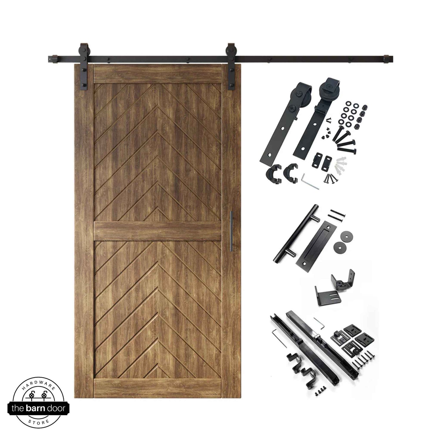 Dark walnut fishbone barn door with hardware kit on a white background