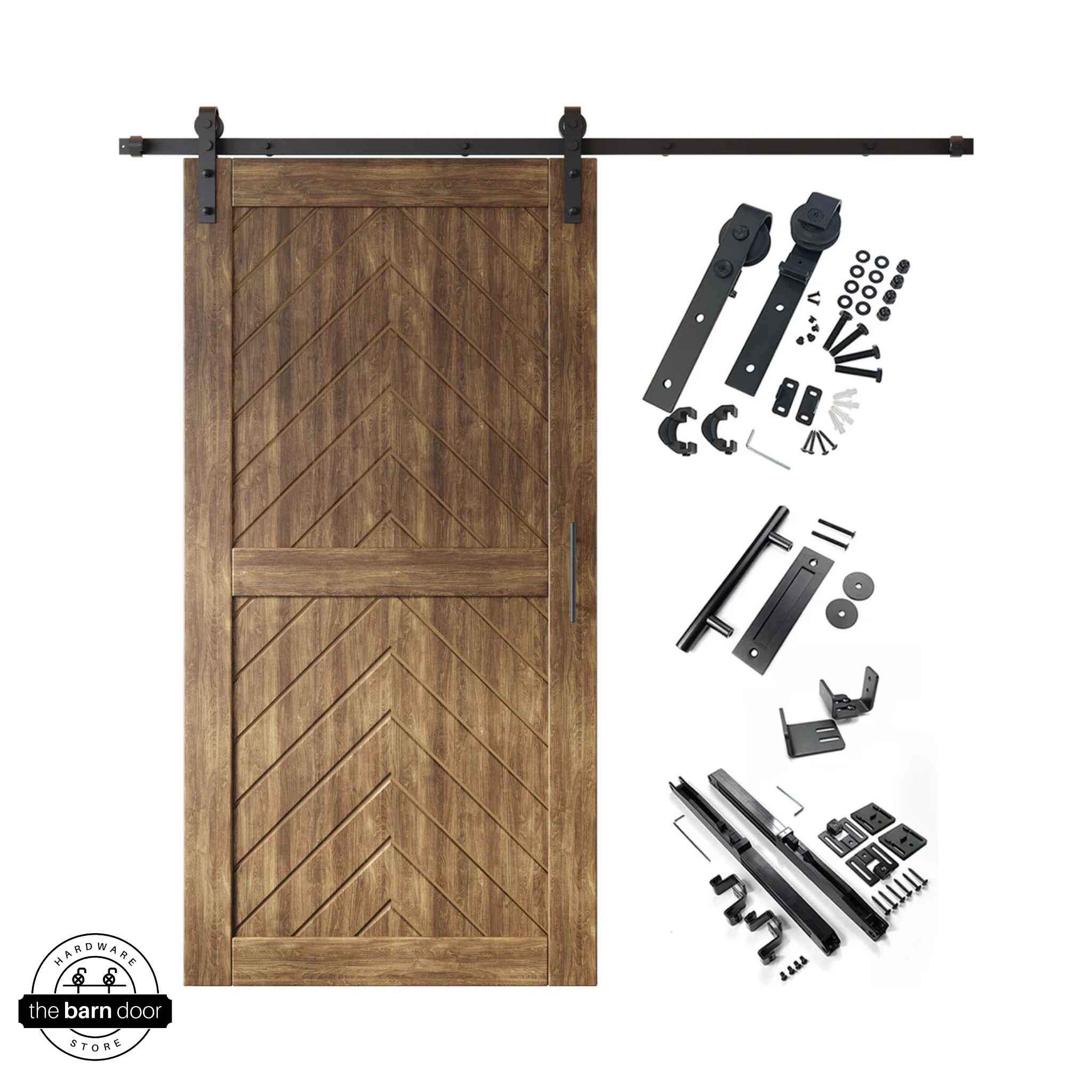 Dark walnut fishbone barn door with hardware kit on a white background