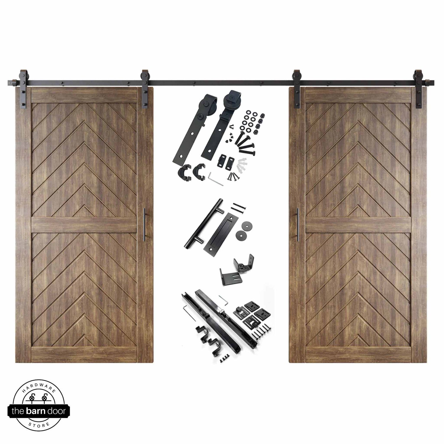 Dark Walnut fishbone barn door kit with two wooden doors and hardware on a white background