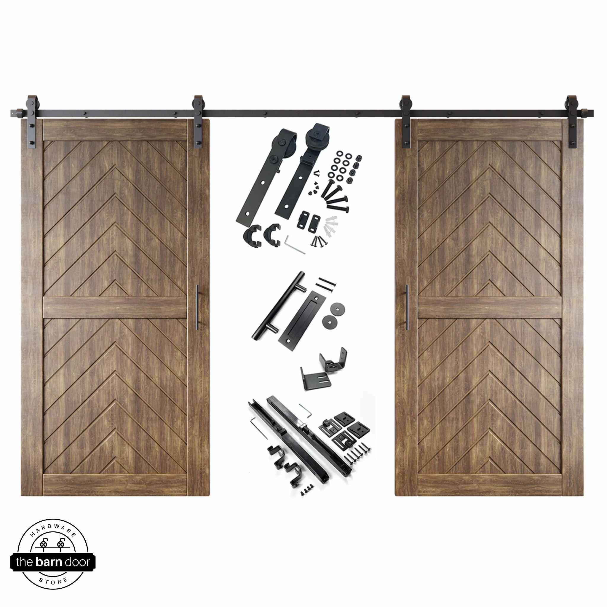 Dark Walnut fishbone barn door kit with two wooden doors and hardware on a white background