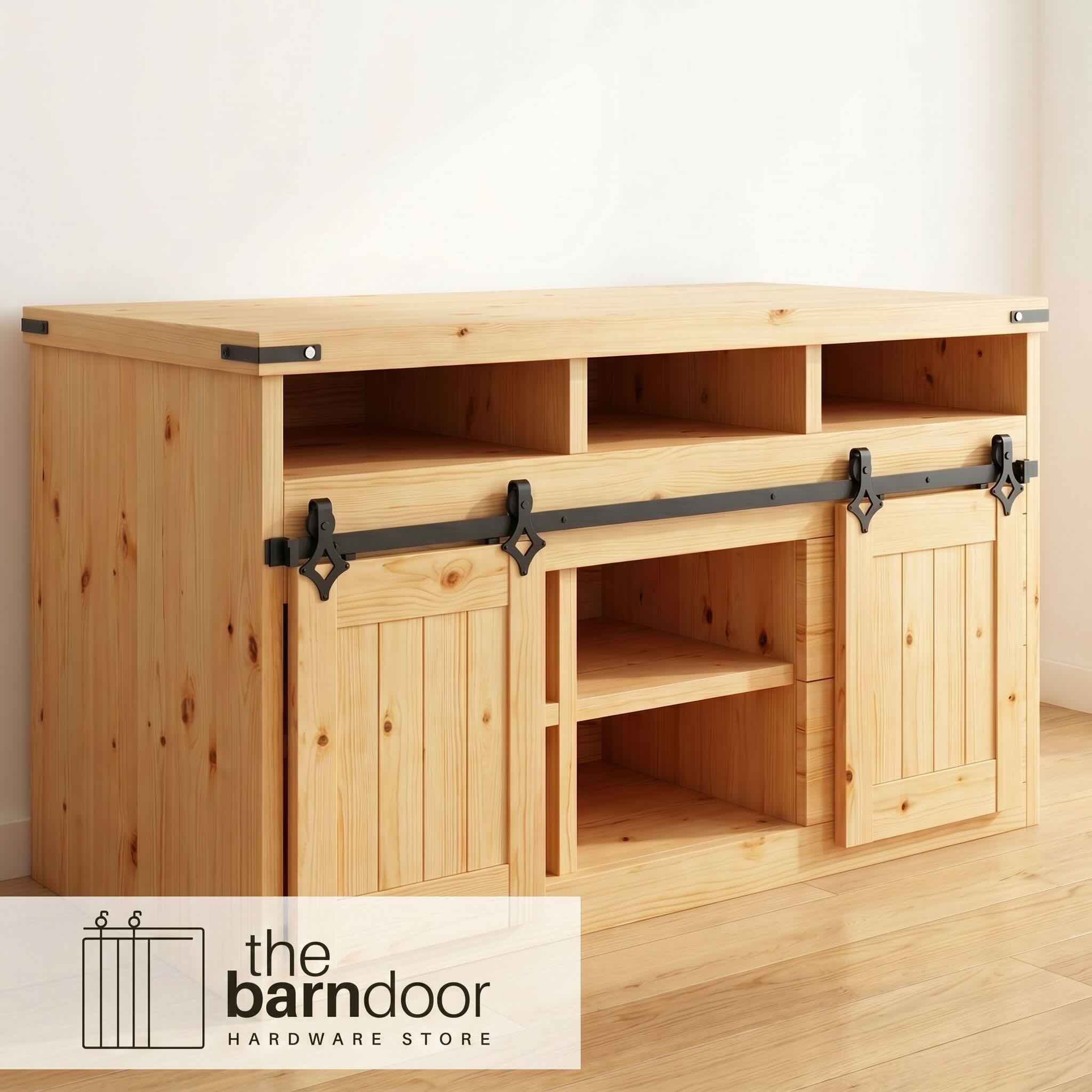 Diamond Mount cabinet barn door hardware kit in matte black with a single track, shown installed on a small wooden cabinet door.