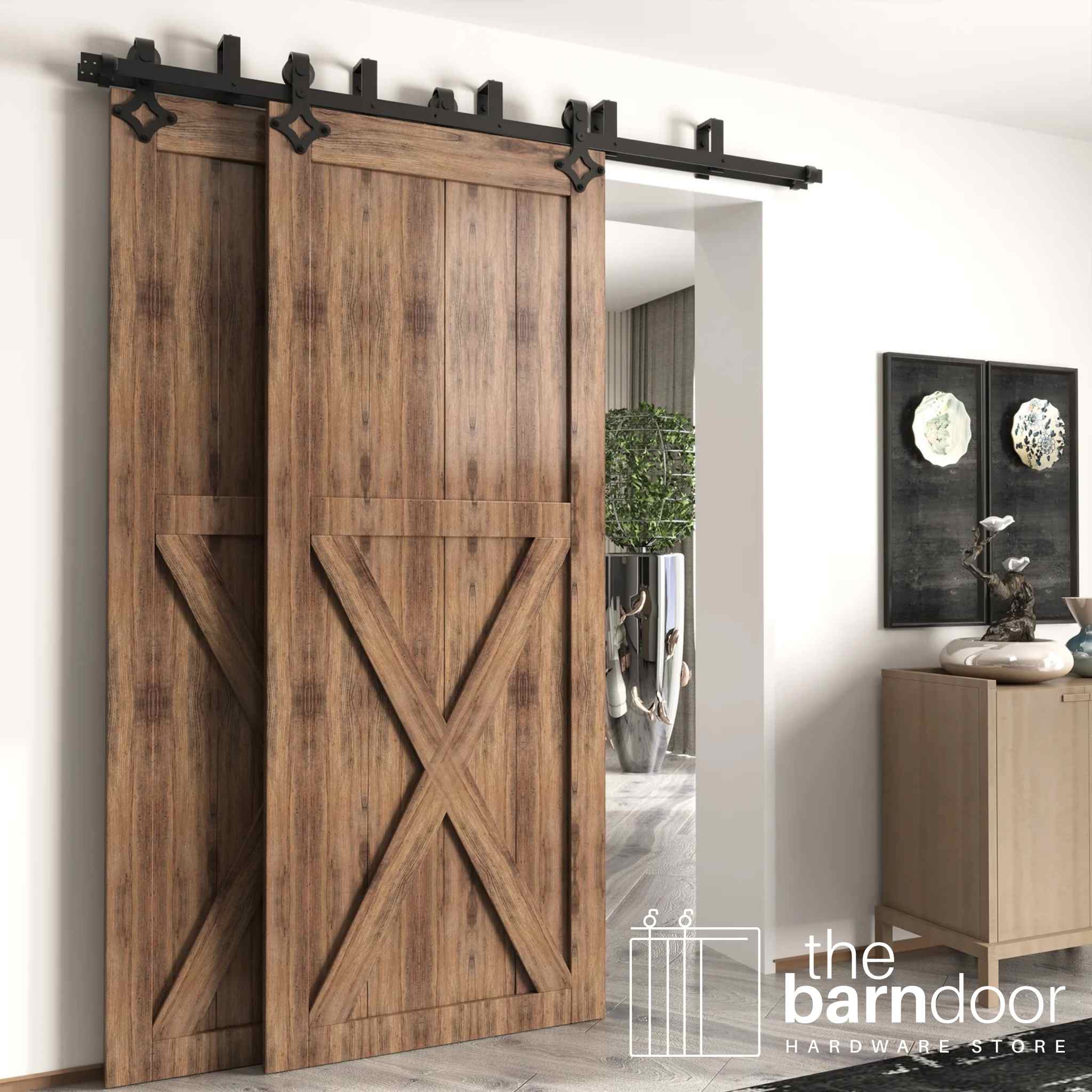 Diamond Black Double Track Bypass Barn Door Hardware Kit