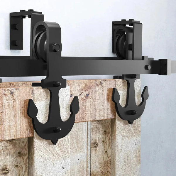 Anchor Shaped Black Double Track Bypass Barn Door Hardware Kit