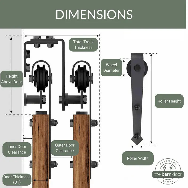 Diagram of a barn door hardware hanger with labeled dimensions on a white background.