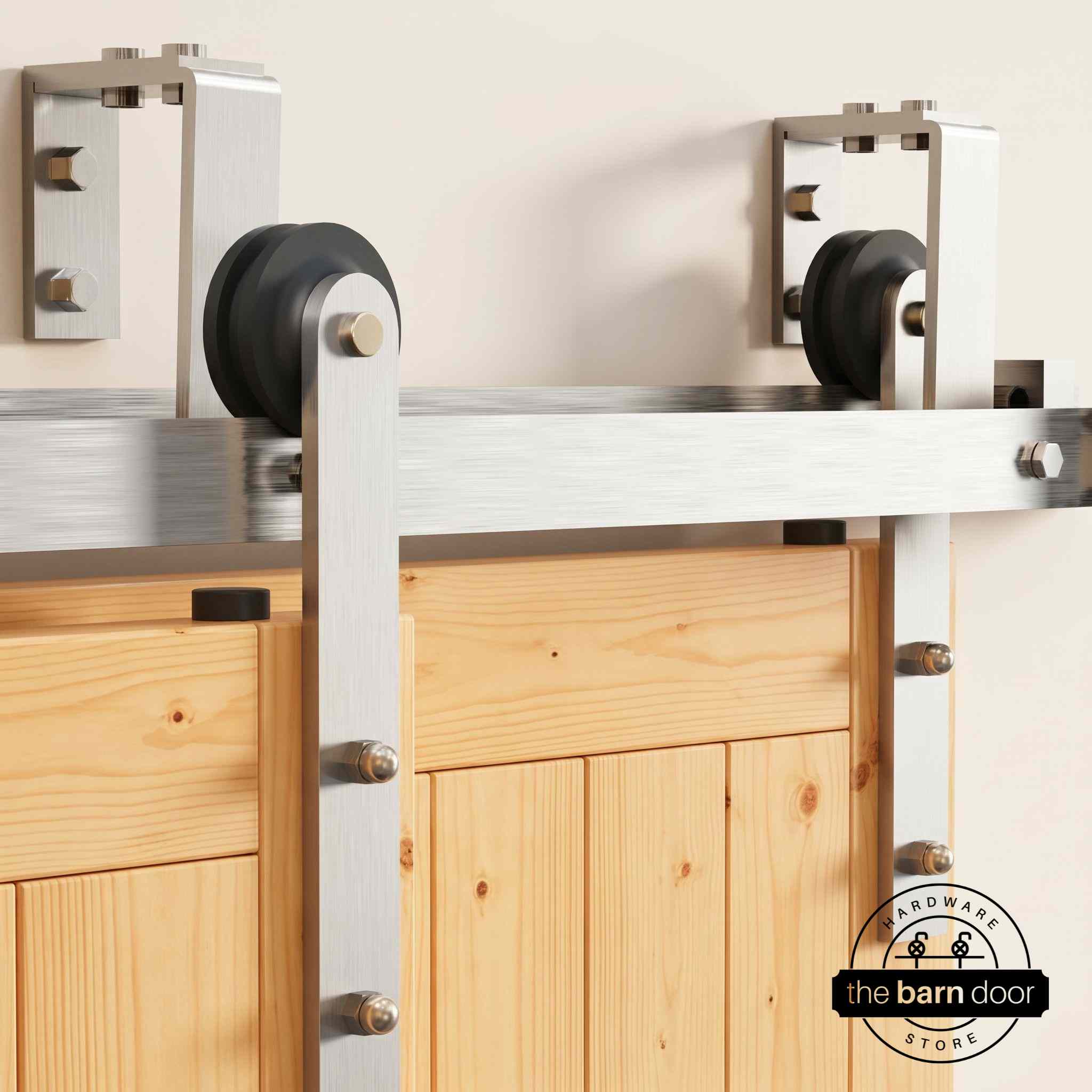 Straight Brushed Nickel Double Track Bypass Barn Door Hardware Kit