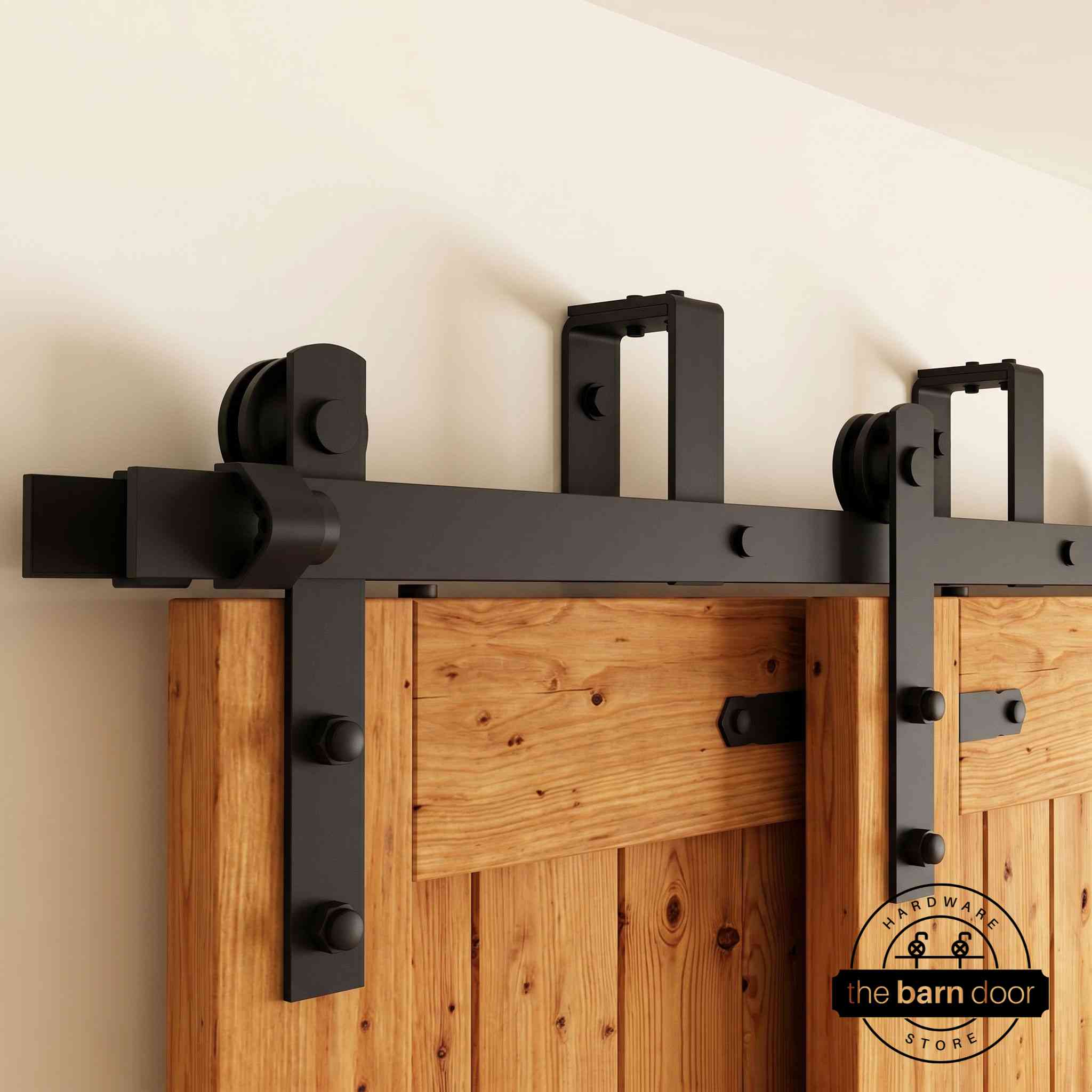 Straight Strap Black Double Track Bypass Barn Door Hardware Kit