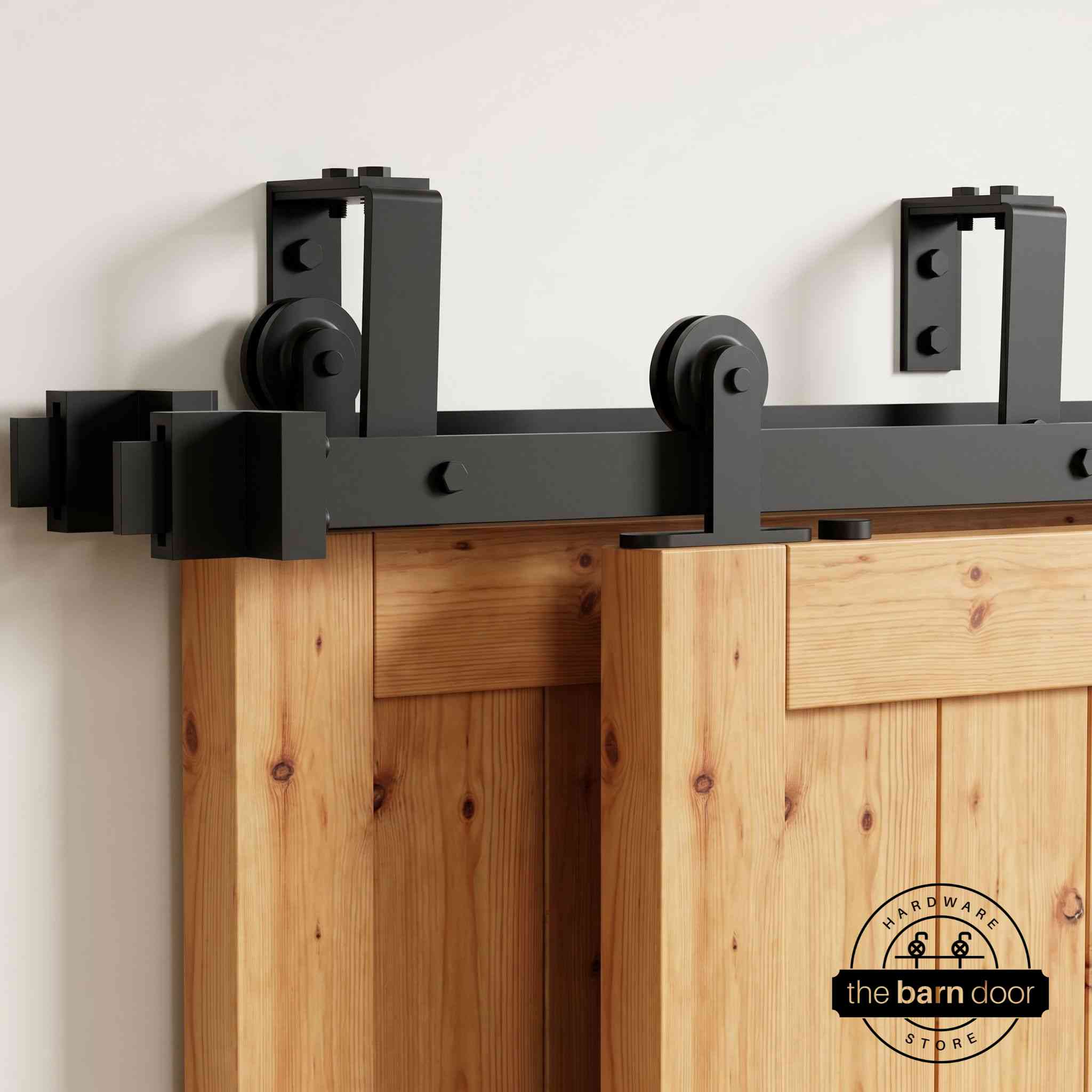 Straight Top Mount Black Double Track Bypass Barn Door Hardware Kit
