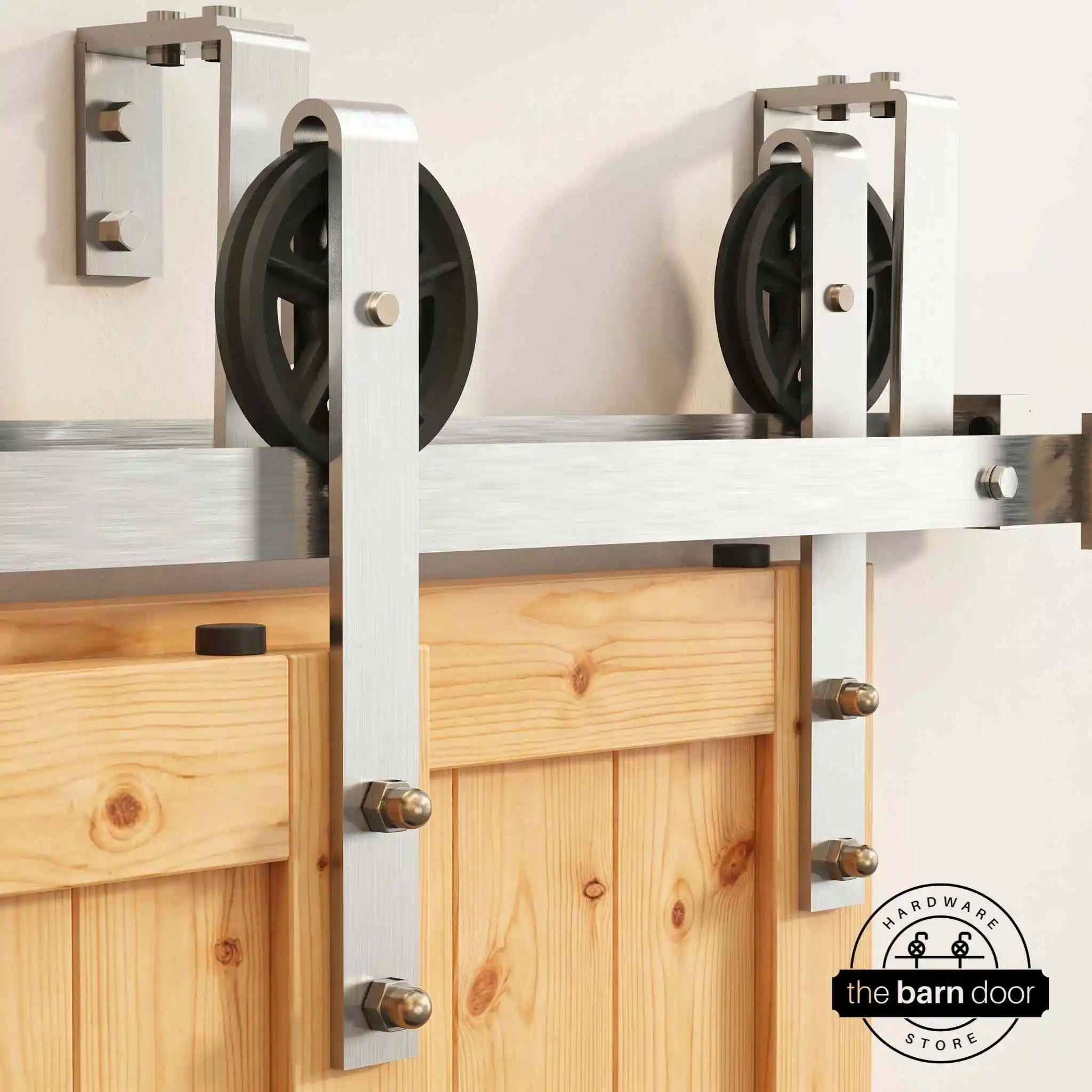 Spoke Wheel Brushed Nickel Double Track Bypass Barn Door Hardware Kit