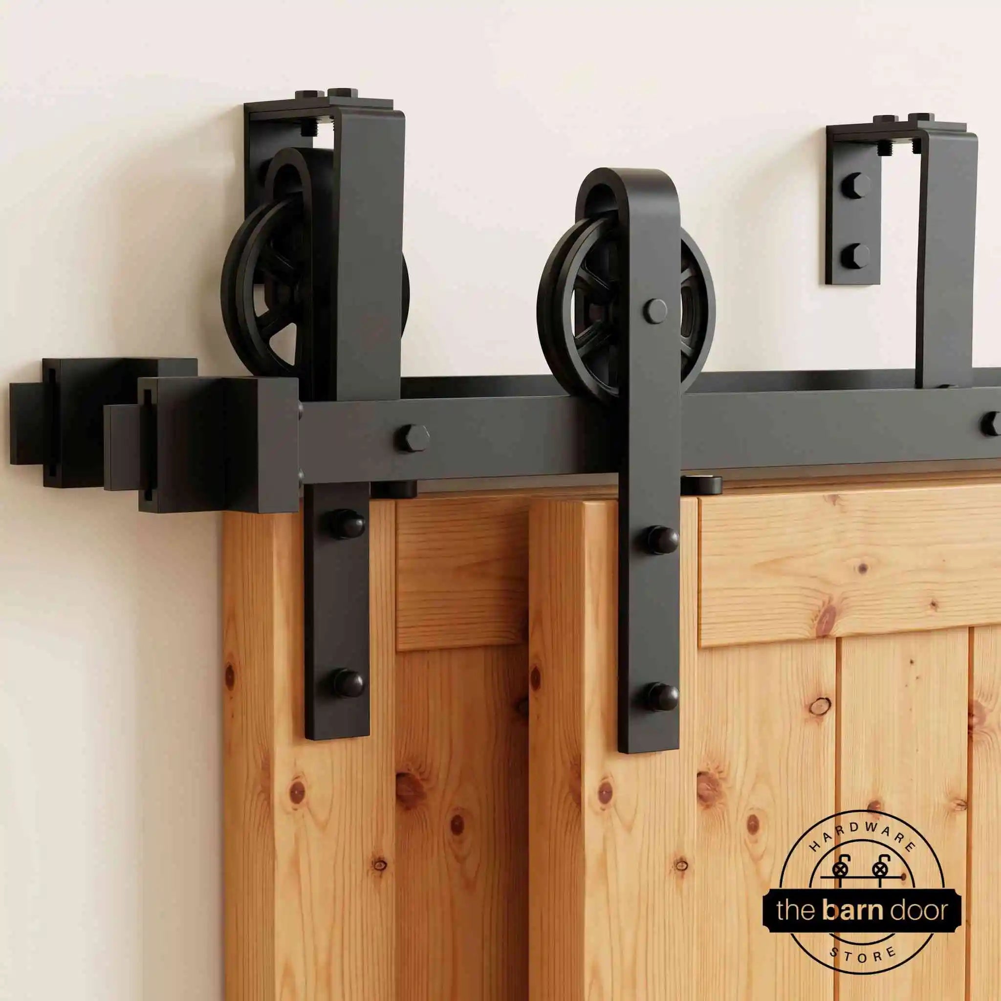 Spoke Wheel Black Double Track Bypass Barn Door Hardware Kit