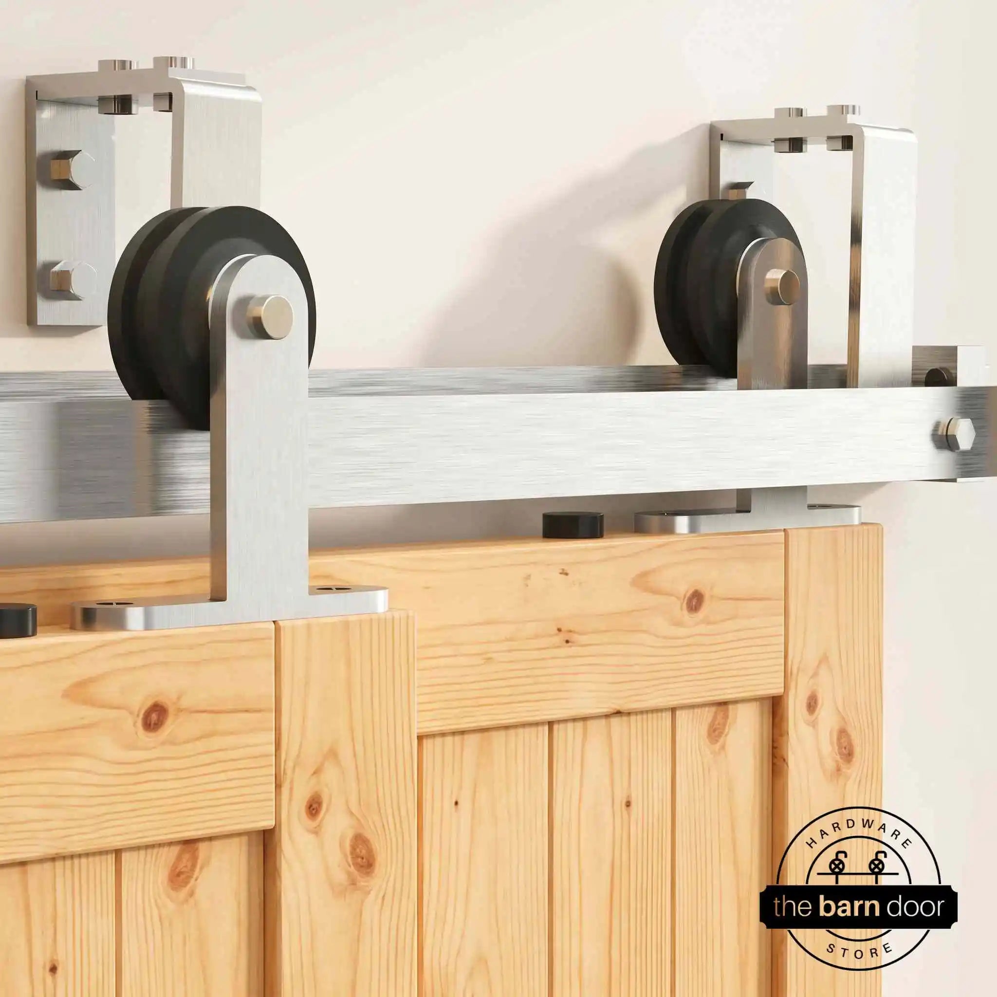 Straight Top Mount Brushed Nickel Double Track Bypass Barn Door Hardware Kit