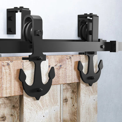 Anchor Shaped Black Double Track Bypass Barn Door Hardware Kit by TBDHS